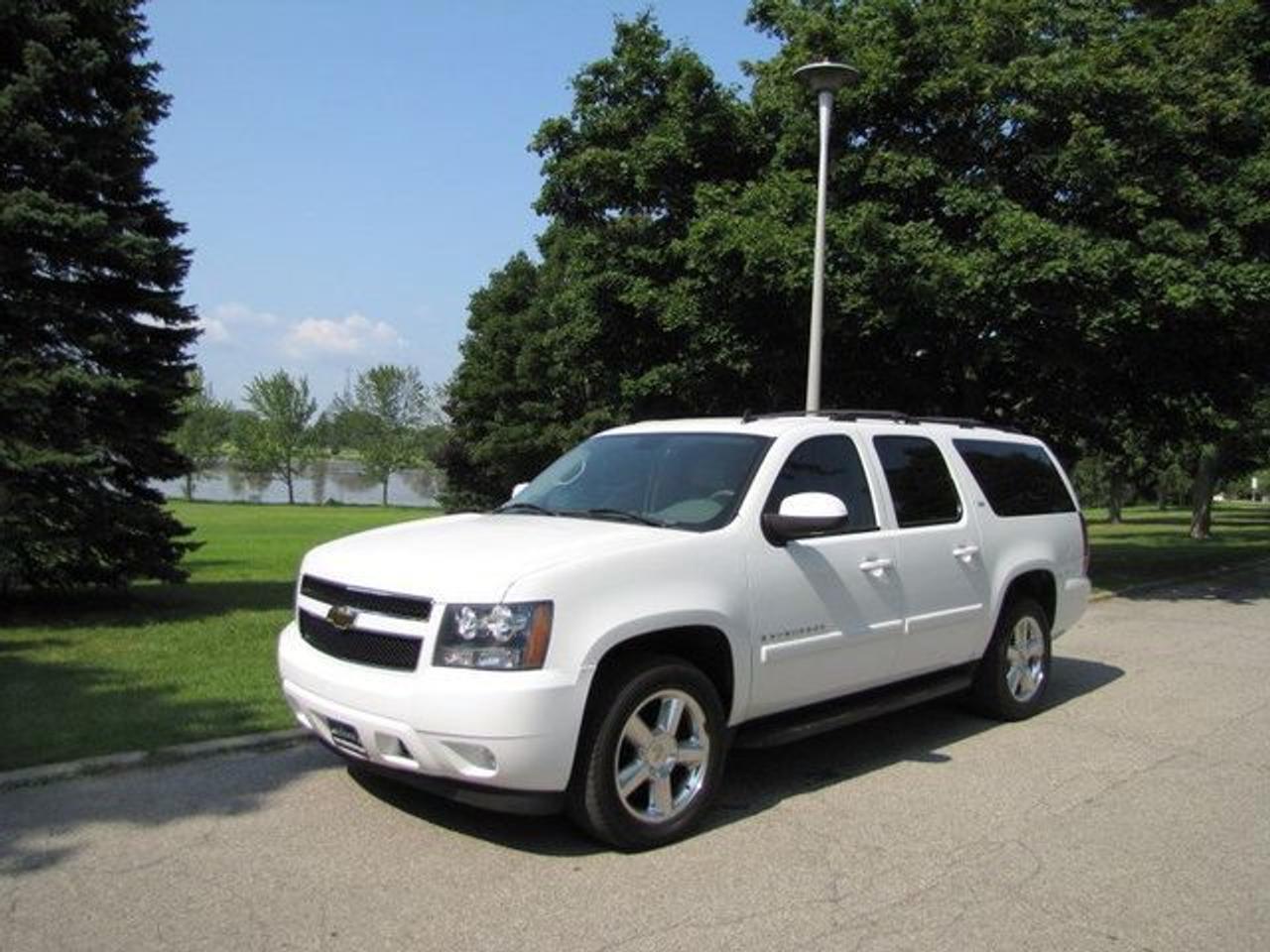 This 2007 Chevrolet Suburban 4dr LTZ AWD!! DVD!! LTHR-SUNROOF!!! GM LEASE RETURN! 4x4 SUV features a 5.3L V8 SFI 8 cyl Gasoline engine. It is equipped with a Automatic transmission. The vehicle is White with a Grey Leather interior. It is offered with the remaining factory warranty. Over 400 BETTER used cars in stock!! PLEASE CALL 1-866-348-8146 5.99% Financing + no payments up to 6 months available on approved credit!! Free Trial Exchange!! A+ Better Business Bureau rating!! Voted Guelphs Favourite dealer 2004-2009!! Since 1961. Taxes, licensing, and $5.00 OMVIC fee are extra. Call for details on our Free Trial Exchange! Thank you for considering Wilsons!!! Please call 1-866-348-8146. - This Chevrolet is in Excellent overall exterior condition, Excellent overall interior condition, Leather seats - Air Conditioning, Climate Control, Dual Zone Climate Control, Cruise Control, Tinted Windows, Power Steering, Power Windows, Power Door Locks, Leather Steering Wheel, Power Drivers Seat, Power Passenger Seat, Heated Seat, Roof Rack, Rear Air Conditioning, Clock, Digital Info Center, Homelink System, Tilt Steering Wheel, Steering Wheel Radio Controls, Sunroof, Driver Airbag, Passenger Airbag, Keyless Entry, ABS Brakes, Traction Control, Rear Defogger, Intermittent Wipers, AM-FM, CD Player, Aluminum Wheels, Leather Interior Surface, Four Wheel Drive - Contact The Internet Department at 866-738-6045 or leads@markwilsonsbetterusedcarstc.dealer.com for more information. -