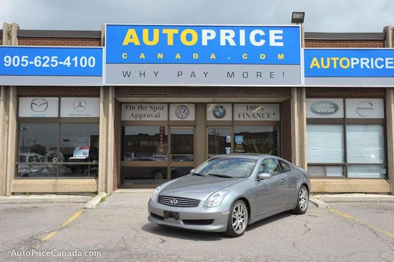CREDIT PROBLEMS? www.autopricecanada.com for 24 Hr Easy, Secure, Online TRUST YOUR DEALER!! Online Credit App, Free CarProof History Reports & 300 vehicles @ www.autopricecanada.com. Certified, safetied & E-tested! Warranty with every vehicle!!!06 Infiniti G35 coupe,Sport,6-Speed,leather,Sunroof,pwr seat,full power group,bose cd changer ,steering controls,Traction control,abs,keyless entry,Alloy wheels,spoiler,Absolutely Gorgeous!!! All Original Accident free!!! Credit Application?get approved before you shop!REMEMBER, RESEARCHING YOUR DEALER IS AS IMPORTANT AS RESEARCHING YOUR VEHICLE! COMPARE OUR EQUIPMENT, MILEAGE AND PRICING!!!CB1791A52DA51D