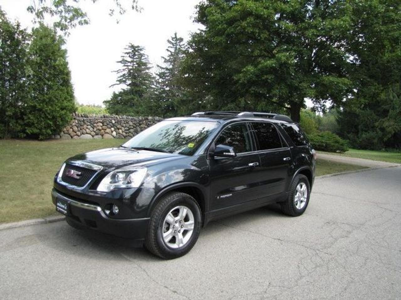 This 2008 GMC Acadia 4dr SLT HEATED LEATHER!! 8 PASSENGER!! SUV features a 3.6L V6 MPI 6 cyl Gasoline engine. It is equipped with a Automatic transmission. The vehicle is Black with a Brown Leather interior. It is offered with the remaining factory warranty. Over 400 BETTER used cars in stock!! PLEASE CALL 1-866-348-8146 5.99% Financing + no payments up to 6 months available on approved credit!! Free Trial Exchange!! A+ Better Business Bureau rating!! Voted Guelphs Favourite dealer 2004-2009!! Since 1961. Taxes, licensing, and $5.00 OMVIC fee are extra. Call for details on our Free Trial Exchange! Thank you for considering Wilsons!!! Please call 1-866-348-8146. - This GMC is in Excellent overall exterior condition, Excellent overall interior condition, Leather seats - Air Conditioning, Climate Control, Dual Zone Climate Control, Cruise Control, Tinted Windows, Power Steering, Power Windows, Power Door Locks, Power Mirrors, Leather Steering Wheel, Power Drivers Seat, Power Passenger Seat, Heated Seat, Roof Rack, Rear Air Conditioning, Clock, Tachometer, Digital Info Center, Tilt Steering Wheel, Steering Wheel Radio Controls, Driver Airbag, Passenger Airbag, Keyless Entry, ABS Brakes, Traction Control, Rear Defogger, Intermittent Wipers, AM-FM, CD Player, Alloy Wheels, Leather Interior Surface - Contact The Internet Department at 866-738-6045 or leads@markwilsonsbetterusedcarstc.dealer.com for more information. -