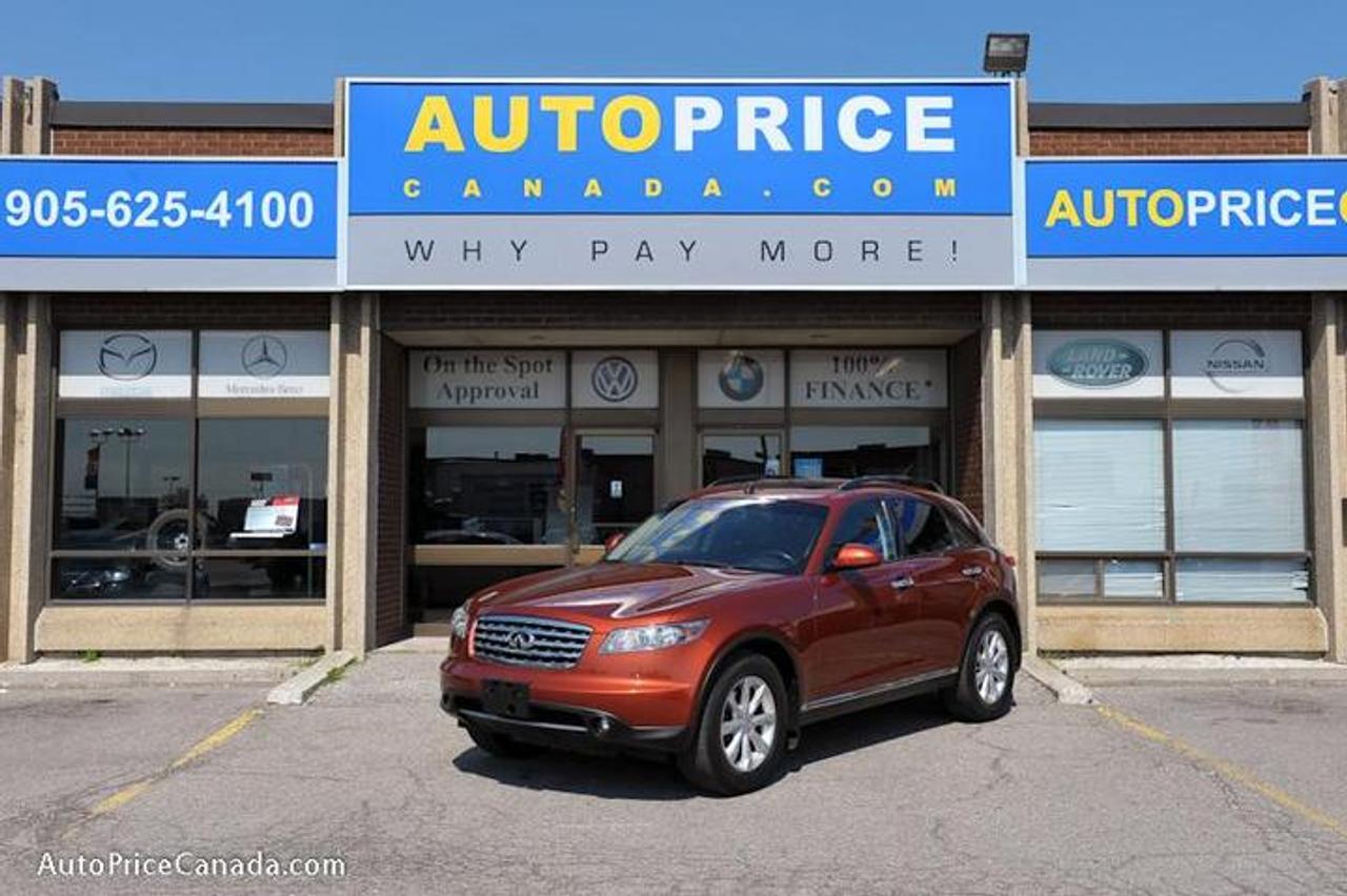 TRUST YOUR DEALER!! Online Credit App, Free CarProof History Reports & 300 vehicles @ www.autopricecanada.com. Certified, safetied & E-tested! Warranty with every vehicle! 06 Infiniti FX35 Navigation,DVD, AWD ,leather,Rearview Cam, full power group,Sunroof,p/seat/heated/memory seats,steering controls,Cd Changer,air bags,abs,keyless entry,Alloys,All Original, Accident free & more...!!!CREDIT PROBLEMS?  www.autopricecanada.com for 24 Hr Easy, Secure, Online Credit Application?get approved before you shop! REMEMBER, RESEARCHING YOUR DEALER IS AS IMPORTANT AS RESEARCHING YOUR VEHICLE!  COMPARE OUR EQUIPMENT, MILEAGE AND PRICING!!!CB1492A42AA71C