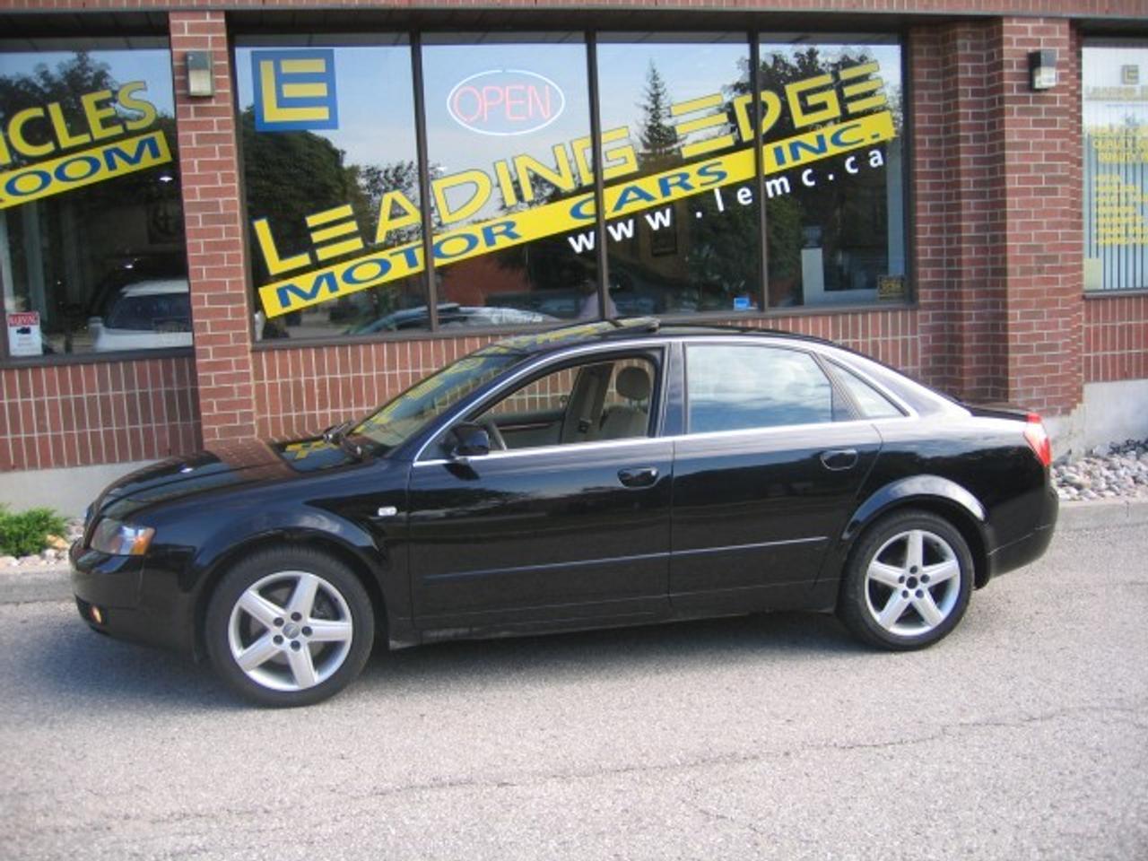 HASSLE FREE PRICING!!! PLUS APPLICABLE TAXES AND LICENSING, FINANCING AVAILABLE OAC.THIS AUDI A4 HAS IT ALL!! ONLY 82,928 KMS,REAR HEATED SEATS,BOSE AUDIO SOUND SYSTEM,STEERING WHEEL CONTROLS,A 3.0 V6 ENGINE,QUATTRO AND MORE!!THIS CAR LOOKS, RUNS,AND DRIVES LIKE NEW!A MUST SEE AND WILL NOT LAST!!!VISIT US FOR ALL YOUR VEHICLE NEEDS TODAY.OUR VEHICLES ARE TRADE-INS AT LOCAL NEW CAR DEALERS.EACH ONE IS HAND PICKED AND APPROVED BY THE LEADING EDGE SALES TEAM.FULL HISTORY IS AVAILABLE FOR ALL OUR VEHICLES. YOUR SATISFACTION IS GUARANTEED!!!PLEASE FIND OUT MORE ABOUT US AT WWW.LEMC.CA. GOOD CREDIT BAD CREDIT WE FINANCE EVERYONE!