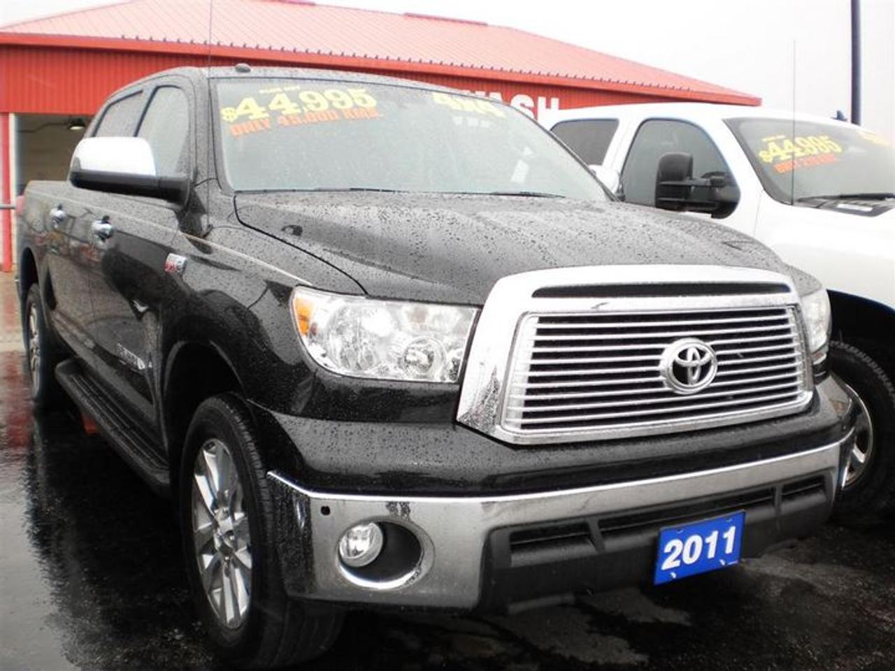 5.7L. V8.  THIS 2011 TOYOTA TUNDRA IS A CREWMAX LIMITED PLATINUM WITH 4X4,BACKUP CAMERA,RUNNING BOARDS,NAVIGATION,BOX LINER,DUAL AIR AND HEAT,HEATED AND COOLED BLACK LEATHER MEMORY SEATS,FOG LIGHTS,HEATED MIRRORS,LEATHER WRAPPED STEERING WHEEL WITH CONTROLS,SUNROOF. LOADED!!!!  30 Years in business, A+ BBB rated company, 200 units in stock, 2 locations.  Home of the Warranty for Life, full service department, on the spot financing.    Bad credit welcomed.    Winner of Reader Choice Award for the best dealer in the Listowel area.   Winner Of Business Of The Year Award from the North Perth Chamber Of Commerce!   Free carproof or carfax.    No extra fees no extra costs.    All prices + HST & Licensing.    Save money!   (Thanks for shopping at STOP23 AUTO SALES LTD).