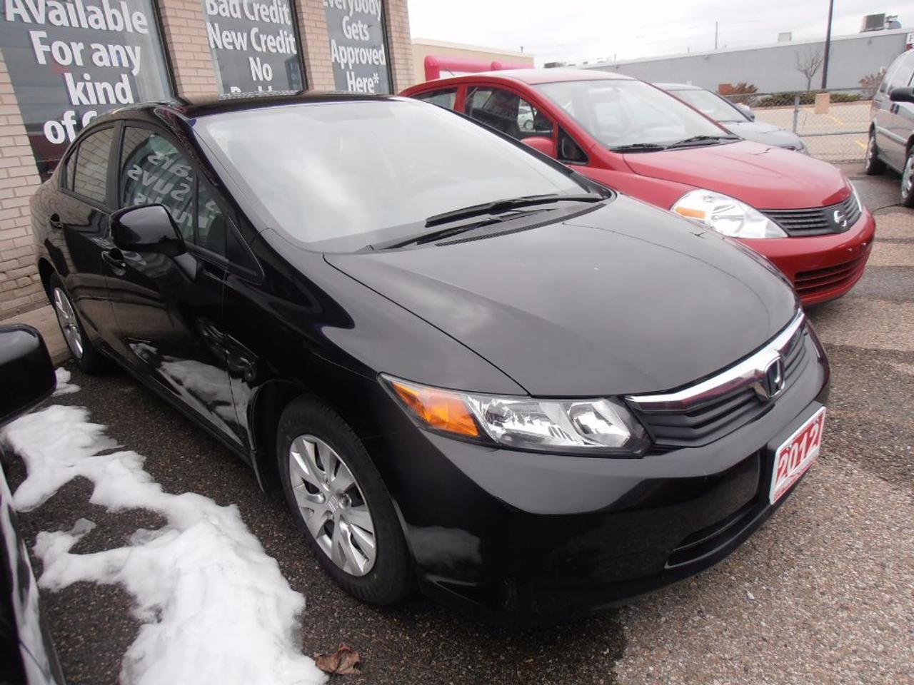 <p>2012 HONDA CIVIC .... .WELL EQUIPPED WITH AUTOMATIC TRANSMISSION, POWER WINDOWS, POWER LOCKS, AIR CONDITIONING, CD PLAYER, AND ANTI-LOCK BRAKES.....PAY PRICE PLUS HST AND LICENSE FEE ............ <br /><br />&bull; Certification & E-Test Available&nbsp;&nbsp;<br /> As per OMVIC regulation&hellip;.This vehicle will not be drivable without safety certification and e-test and so we must state this Vehicle is not drivable, not certified, and not e-tested, Certification and Emission Is Available for $599&rdquo; <br /><br />&bull; NO CRAZY ADMINISTRATION FEES <br />&bull; NO HIDDEN CHARGES <br />&bull; FINANCING AVAILABLE <br />&bull; HISTORY PROVIDED <br />&bull; EXPERIENCE THE DIFFERENCE....DEAL WITH PROFESSIONALS <br /><br /> ???? We are an Easy Car Finance Centre ???? <br /><br />If you are in Bankruptcy&hellip;.Proposal&hellip;..Collections&hellip;..Judgements&hellip;..9 SIN No&hellip;&hellip;Work Permit&hellip;..or any other bad credit situation&hellip;..We are here to help you get the right financing solution for your desired vehicle&hellip;.. <br /><br />???? We specialize in ???? <br /><br />&bull; Bad Credit Auto Loans <br />&bull; Getting a Car Loan with Bad Credit&nbsp;</p>