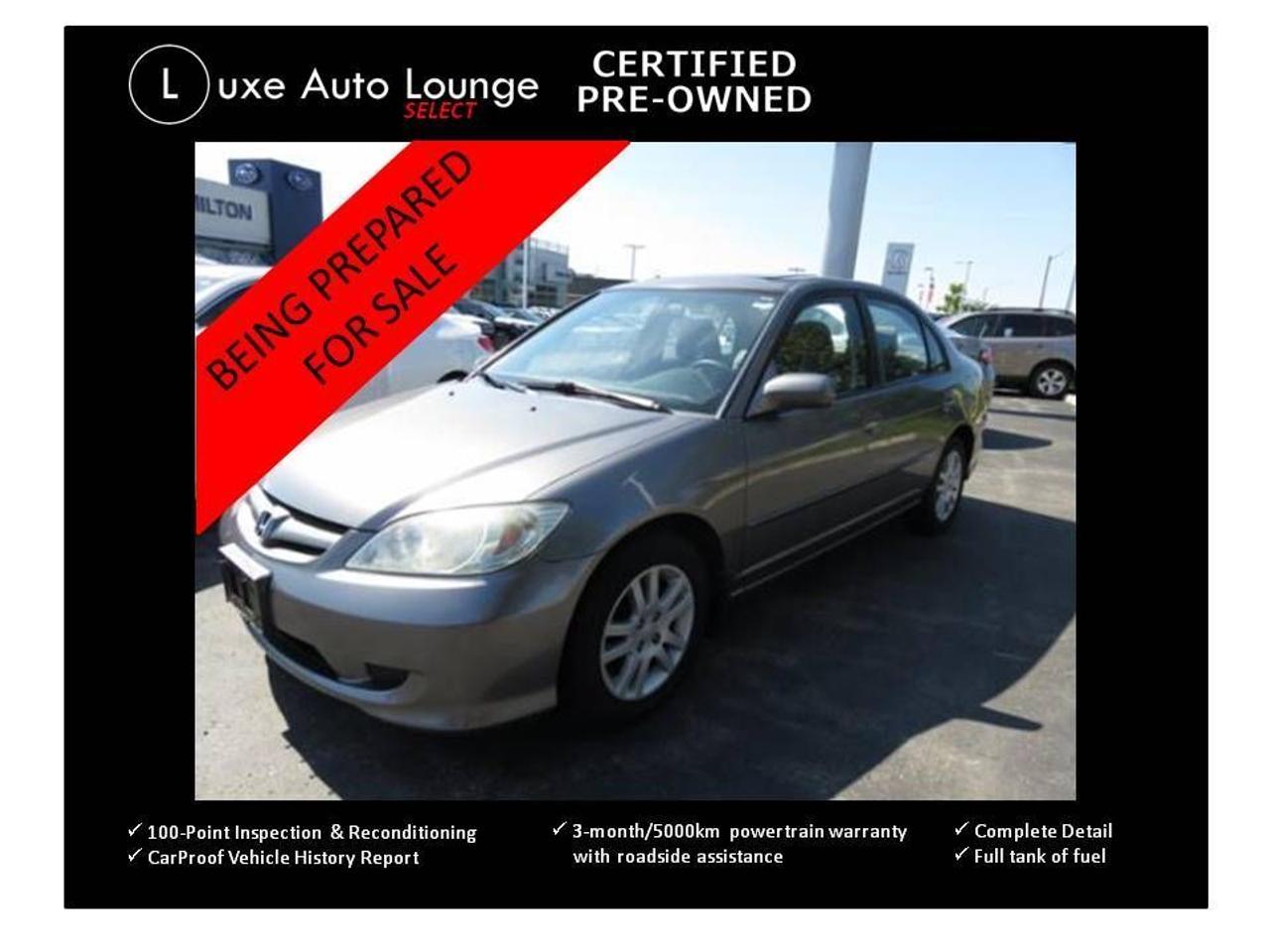 <p>Looking for a reliable, economical, fuel-efficient and well-equipped first or second car? This 2005 Honda Civic LX-G is definitely the one you have been looking for! Smartly equipped including: automatic transmission, air conditioning, power sunroof, alloy wheels, power group, cruise, keyless entry, CD player & more! Luxe Certified Select pre-owned incl.: 100-point inspection & reconditioning, complete clean-up & detailing, carproof history report & full tank of fuel! Priced at ONLY $5995 plus $10 OMVIC fee, licensing, and HST. Call today and reserve this dependable Honda Civic is gone!! Need a vehicle for winter? Going back to school?? Then this is the vehicle for you!!!</p>