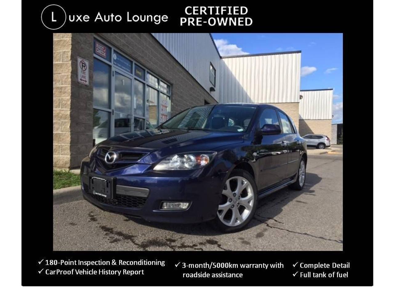 WOW SUPER RARE!!! HARD TO FIND!!! ONLY 87,000KM!!! CLEAN CARPROOF!! This 2009 Mazda3 GT Sport hatchback is a fresh trade-in from a local Mazda dealer! This is the LOADED GT model with Luxury Package which includes: power sunroof, power driver seat, heated leather seats Bose audio system, Sirius satellite radio, HID Xenon headlights, 6-disc CD/MP3 changer, and more!! Luxe Certified pre-owned incl.: 180-point inspection & reconditioning, complete clean-up & detailing, carproof history report, 3-month/5000km warranty with roadside assistance & full tank of fuel! Priced at ONLY $99 bi-weekly with $0 down for 48 months @ 7.89% APR (Cost of borrowing is $1705) OR cash purchase price of $8501 (both prices plus HST, $5 OMVIC fee & licensing/fees).