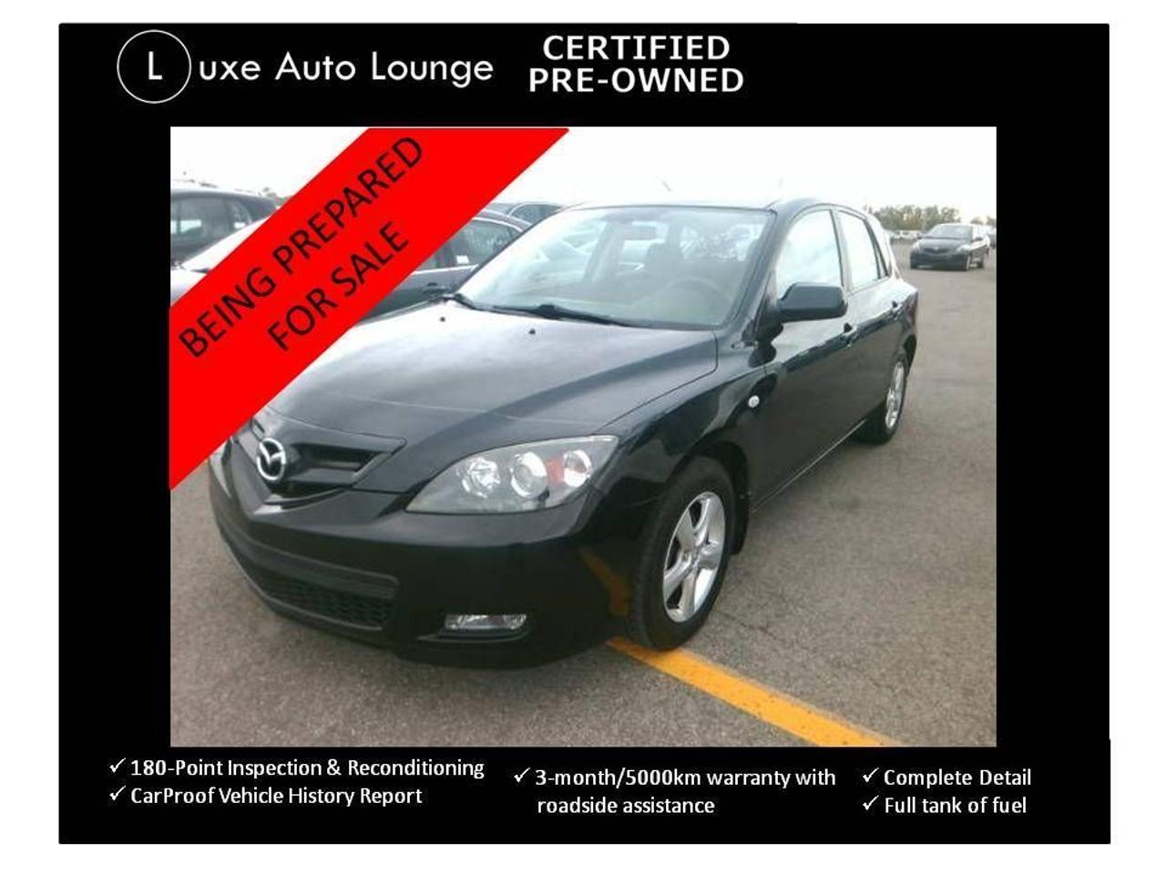 LOW MILEAGE!!! Hard-to-find 1-owner, CLEAN 2008 Mazda3 GX Hatchback! This is by far the best year and style, not to mention most popular, for the Mazda3! Comes with all the usual features including: 2.0L 4-cyl. engine, manual transmission, alloy wheels, power group, remote keyless entry, air conditioning, steering wheel radio controls & more!! Luxe Certified pre-owned including: 180-point inspection & reconditioning, complete clean-up & detailing, carproof vehicle history report, 3-month/5000km warranty w/roadside assistance & full tank of fuel at delivery! ONLY $99 bi-weekly w/ $0 down for 36 months @ 7.89% APR (C.O.B. $985) OR cash purchase price of $6995 (both prices plus hst and licensing fees). Dont miss out on this awesome deal!!