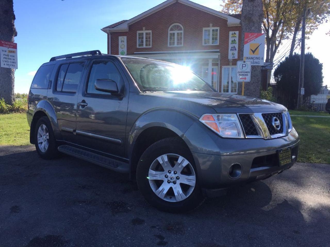 <p>Check out the fully loaded 2006 Nissan Pathfinder 4X4 V6 4.0 litre engine with leather interior and a navigation system. Featuring third row seating adjustable pedals alloy wheels antilock brakes and a traction control system with tinted windows and xenon headlights. Six disc CD player w USB input to play your favourite music on the go as well as a DVD player to keep the kiddys busy on long drives. All power seats door locks mirrors sunroof and windows.</p>
<ul>
<li class=li1><span class=s2>Voted&nbsp;<strong><em>#1 Best Used Car Dealership</em></strong>&nbsp;through 2014 - 2016 in London, Ontario</span></li>
<li class=li1><span class=s2>Voted&nbsp;<strong><em>Top Choice Award</em></strong>&nbsp;in 2015 and 2016</span></li>
<li class=li1><span class=s2>Voted&nbsp;<strong><em>London&rsquo;s Readers&rsquo; Choice Award</em></strong>&nbsp;2014 and 2015&nbsp;</span></li>
<li class=li1><span class=s2><strong><em>A+</em></strong><strong><em>Better Business Bureau rating</em></strong></span></li>
<li class=li1><span class=s2>We have been in business for&nbsp;</span><span class=s4><strong>27yrs</strong></span><span class=s2><strong><em>&nbsp;</em></strong></span></li>
<li class=li1><span class=s2>Most liked used car dealer on social media in Canada</span></li>
<li class=li1><span class=s2>We use an exclusive 3rd party tool that accurately monitors vehicle prices to guarantee our customers get the best value.&nbsp;</span></li>
<li class=li1><span class=s2><strong><em>NO NEED FOR HAGGLING!&nbsp;</em></strong></span></li>
<li class=li1><span class=s2><strong><em>NO HIDDEN ADMIN. FEES!</em></strong></span></li>
<li class=li1><span class=s2><strong><em>Just honesty and integrity at no additional charge</em></strong></span></li>
<li class=li1><span class=s2>All vehicles:</span></li>
<ul>
<li class=li1><span class=s2>Go through Safety inspection with 30 days 100% safety related items warranty completed by us</span></li>
<li class=li1><span class=s2>With below 50% brakes will be replaced&nbsp;</span></li>
<li class=li1><span class=s2>Receive a semi-synthetic oil-lube-filter</span></li>
<li class=li1><span class=s2>Undergo Emissions test and an extensive inspection</span></li>
<li class=li1><span class=s2>Include a FREE CarProof Report</span></li>
<li class=li2><span class=s2>Purchased include FREE cleanup and detailing</span></li>
</ul>
<li class=li2><span class=s2>Our&nbsp;<em>Finance Specialists</em>&nbsp;will do their best to:</span></li>
<ul>
<li class=li2><span class=s2>Provide&nbsp;<strong><em>SAME-DAY APPROVALS</em></strong></span></li>
<li class=li2><span class=s2>Ensure achieving the&nbsp;<strong><em>LOWEST INTEREST RATE &</em></strong>&nbsp;<strong><em>BEST TERMS&nbsp;</em></strong>possible</span></li>
<li class=li2><span class=s2>Provide&nbsp;<strong><em>FULLY OPEN-END LOANS *pay them off any time with no penalty*</em></strong></span></li>
</ul>
<li class=li3><span class=s2>Whether its good, bad or no credit, bankruptcy, proposal, divorce or repossessions. $0 down Apply securely with confidence at&nbsp;<a href=http://bit.ly/2cg4WeM><span class=s5>http://bit.ly/2cg4WeM</span></a></span><span class=s6>&nbsp;</span></li>
<li class=li3><span class=s2>We make the buying process SIMPLE and STRESS-FREE, our reviews speak for themselves:</span></li>
<ul>
<li class=li4><span class=s8><strong><em>Google</em></strong><em>:</em></span><span class=s9><a href=http://bit.ly/2cK4fi3><span class=s10>http://bit.ly/2cK4fi3</span></a></span></li>
<li class=li5><span class=s8><strong><em>DealerRater:</em></strong></span><span class=s12><a href=http://bit.ly/2cIdFI1><span class=s5>http://bit.ly/2cIdFI1</span></a></span></li>
<li class=li5><span class=s8><strong><em>N49.com:</em></strong></span><span class=s12><a href=http://bit.ly/2bYZlOh><span class=s5>http://bit.ly/2bYZlOh</span></a></span></li>
<li class=li5><span class=s8><strong><em>BBB:</em></strong></span><span class=s9>&nbsp;<a href=http://go.bbb.org/2cK5Cxd><span class=s5>http://go.bbb.org/2cK5Cxd</span></a></span></li>
</ul>
</ul>
<p>&nbsp;</p>
<p class=p6><span class=s2>**Payments are based off qualifying monthly term $0 down & 4.9% interest. Qualifying term and rate of borrowing varies by lender. Example: The cost of borrowing on a vehicle with a purchase price of $10000 at 4.9% over 60 month term is $1499.78. Rates are subject to change without notice.&nbsp;</span></p>