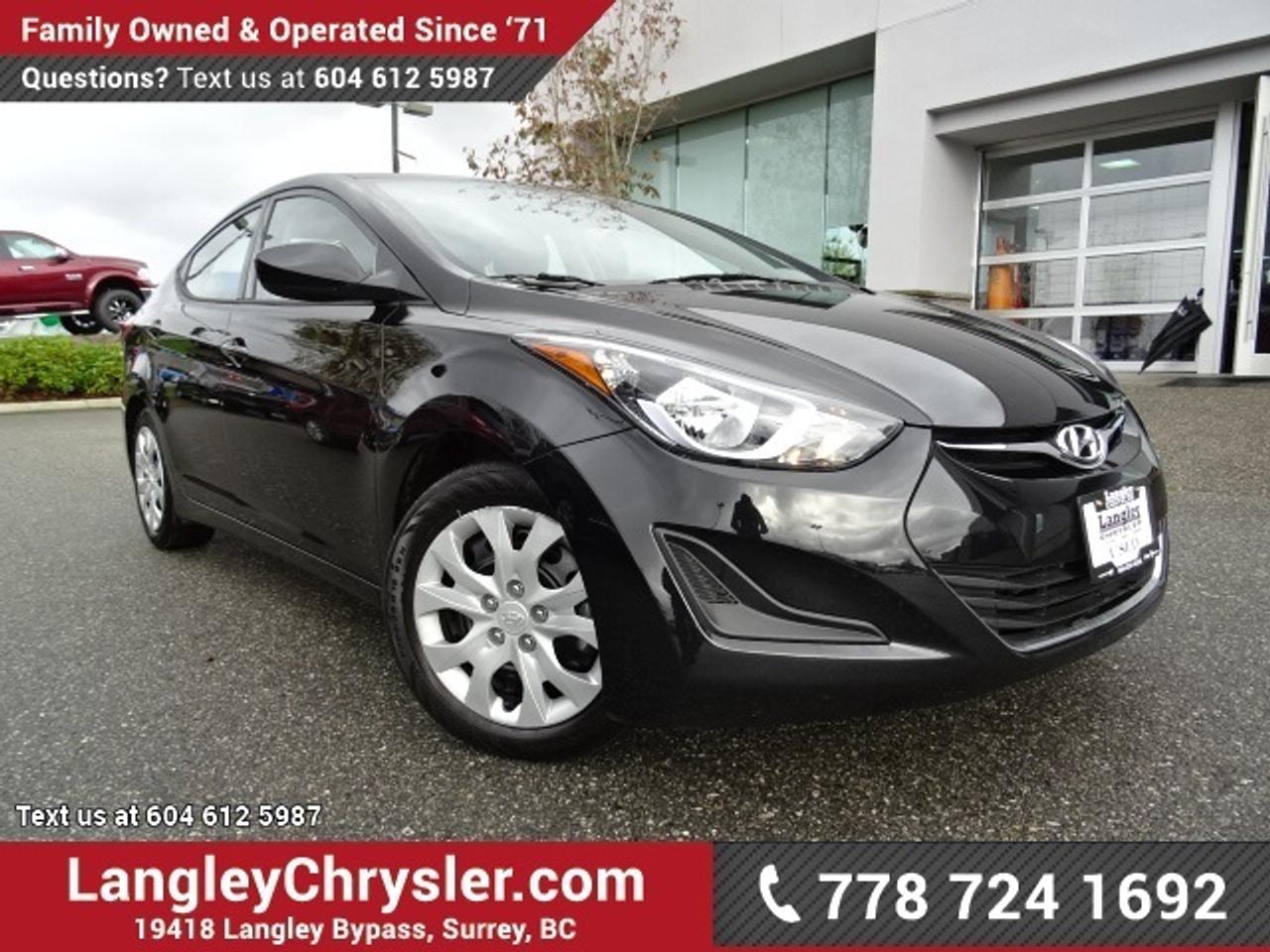 Locally Driven and Accident Free! Equipped with many features such as Voice Command Bluetooth, Heated Front Seats, CD Player along with an Auxiliary Input and USB, A/C, Cloth Upholstery and more! Run by a 1.8L 4 Cylinder engine thats able to achieve an impressive 32 mpg. Looking for a spacious, efficient, simple and safe vehicle? The Hyundai Elantra is tough to beat at its affordable price! At Langley Chrysler we utilize a market-based pricing software to ensure our vehicles are at the best price possible!




Balance of the factory warranty... See all our used vehicles on www.langleychrysler.com. CarProof reports available! All vehicles come with a 3-month powertrain warranty and a comprehensive, world-class vehicle inspection process at Langley Chrysler, part of the Trotman Automotive Group. Visit us today at 19418 Langley Bypass Surrey, BC. Call or email us to schedule a Test Drive........
