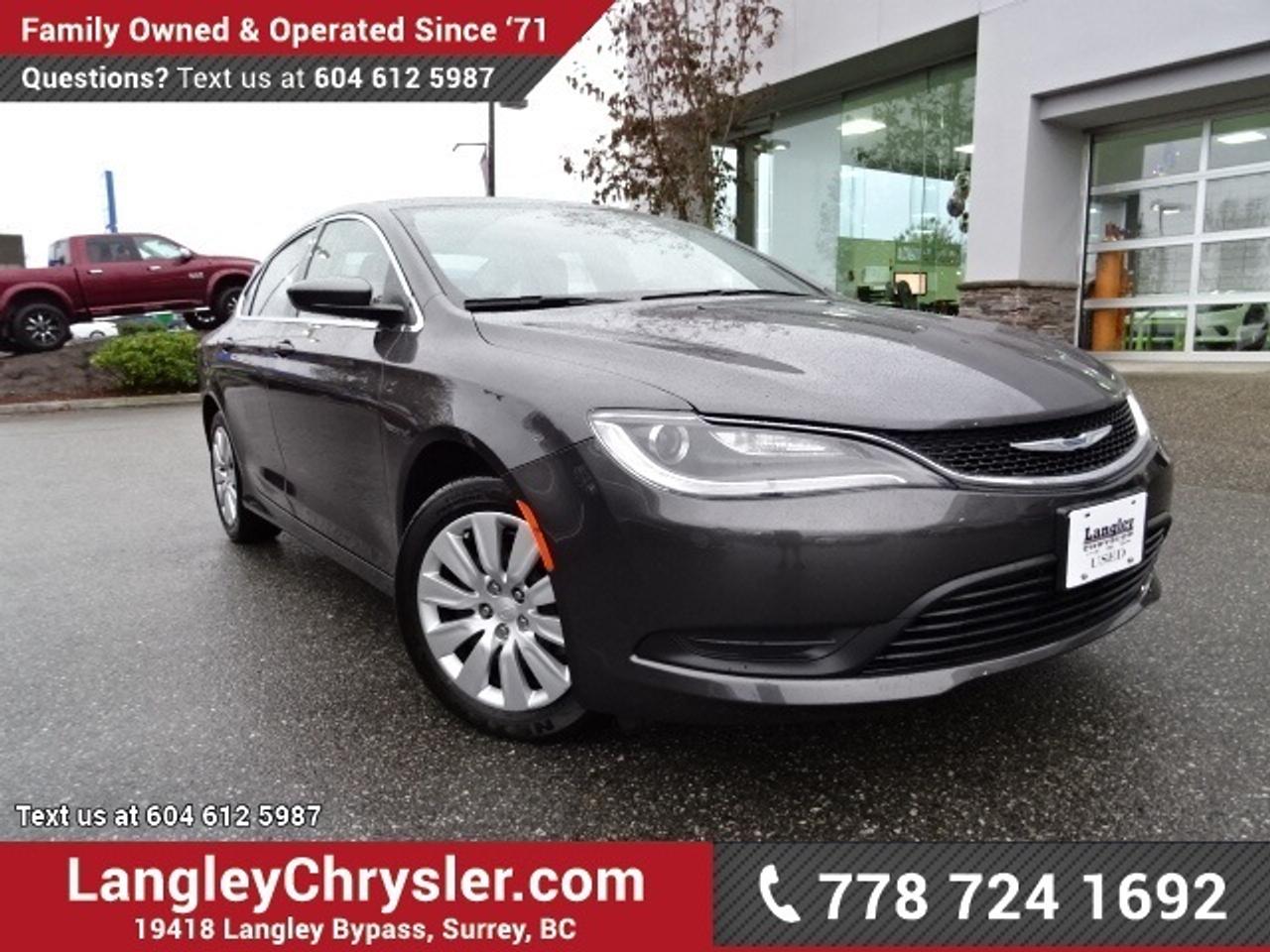 Locally driven Chrysler 200 comes with a stylish and comfortable design pursuing maximum enjoyment both behind the wheel and in the passenger seat. Equipped with Cloth Bucket Seats, Keyless Entry and Go, U-Connect Bluetooth, Steering Wheel Mounted Audio and Cruise Controls, 5 Touchscreen Display, an Auxiliary Jack, Compass and more. As an Insurance Institute for Highway Safety top safety pick, be able to drive with confidence and ease knowing youre in a safe vehicle. All powered by Chryslers 2.4L MultiAir Engine.

See all our used vehicles on www.langleychrysler.com. CarProof reports available! All vehicles come with a 3-month powertrain warranty and a comprehensive, world-class vehicle inspection process at Langley Chrysler, part of the Trotman Automotive Group. Visit us today at 19418 Langley Bypass Surrey, BC. Call or email us to schedule a Test Drive........