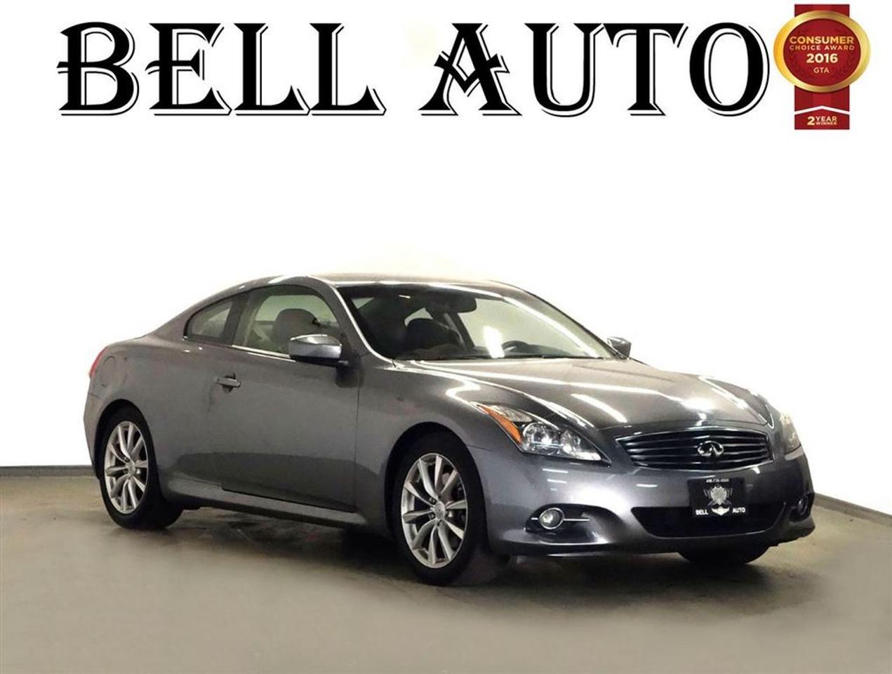 Come test drive this 2012 Infiniti G37! Representing the optimal blend of tarmac tearing performance and silky smooth highway refinement. This vehicle has achieved Certified Pre-Owned status, by passing Infinitis comprehensive certification process. This 2 door, 4 passenger coupe still has fewer than 110,000 kilometers!     All of the premium features expected of an Infiniti are offered, including: power front seats, a built-in garage door transmitter, telescoping steering wheel, steering wheel controls, heated seats, push start engine, and leather upholstery. Infiniti made sure to keep road-handling and sportiness at the top of its priority list. A 3.7 liter V-6 engine pairs with a sophisticated 7 speed automatic transmission, and for added security, dynamic Stability Control supplements the drivetrain.     Our knowledgeable sales staff is available to answer any questions that you might have. Theyll work with you to find the right vehicle at a price you can afford. We are here to help you. All vehicles can be Certified & E-Tested for an additional $399, if not Certified & E-Test then as per OMVIC Regulations the vehicle is deemed to be not drivable, not e-tested.
