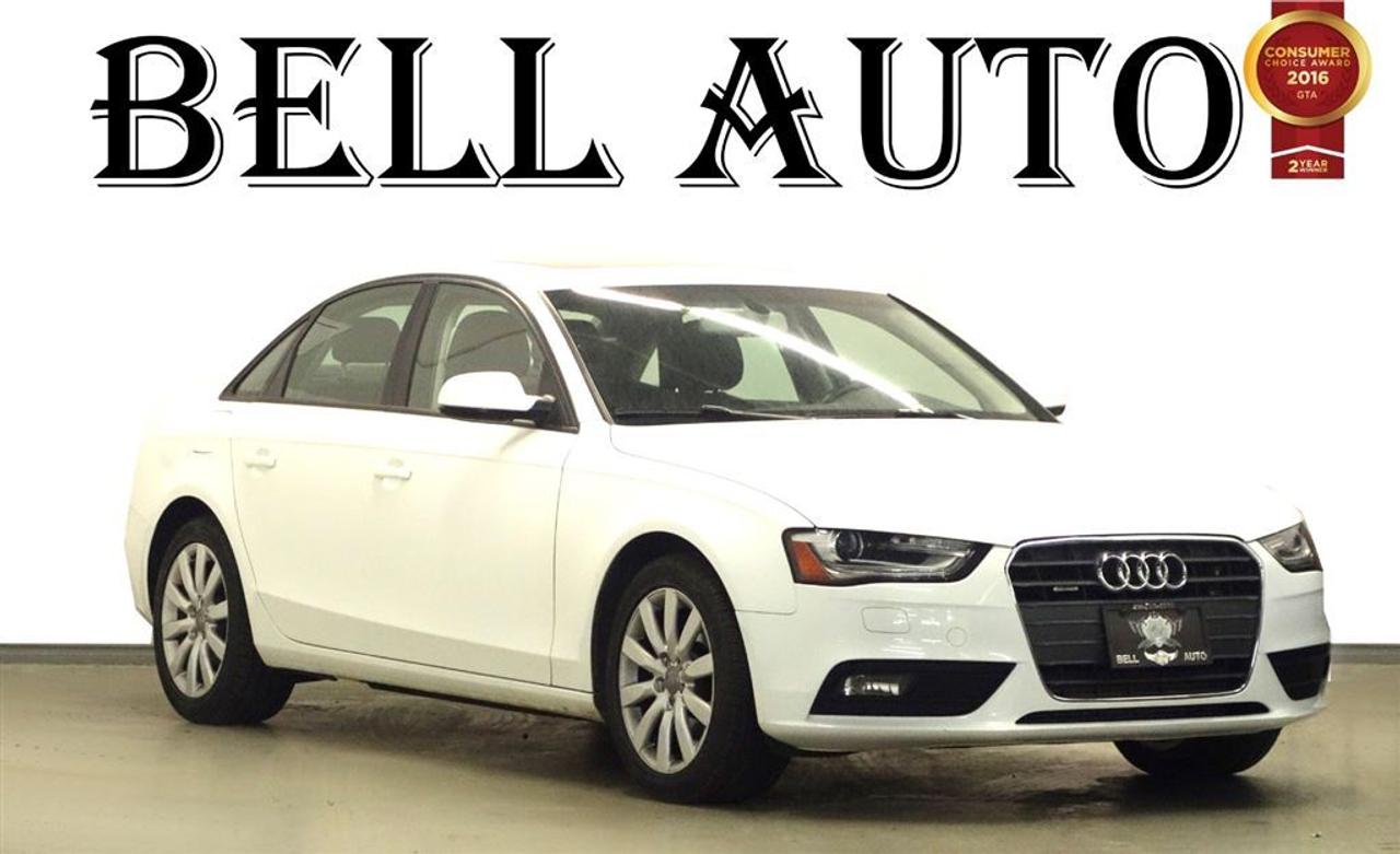 Treat yourself to a test drive in the 2013 Audi A4! Assembled with the most discerning driver in mind. This 4 door, 5 passenger sedan still has fewer than 110,000 kilometres!     All of the premium features expected of an Audi are offered, including: rain sensing wipers, remote keyless entry, and cruise control. Under the hood youll find a 4 cylinder engine with more than 200 horsepower, and for added security, dynamic Stability Control supplements the drivetrain.     You will have a pleasant shopping experience that is fun, informative, and never high pressured. Please dont hesitate to give us a call. All vehicles can be Certified & E-Tested for an additional $399, if not Certified & E-Test then as per OMVIC Regulations the vehicle is deemed to be not drivable, not e-tested.