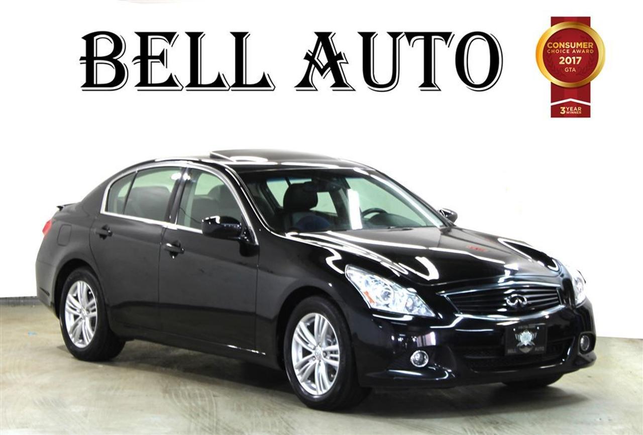 Youre going to love the 2013 INFINITI G37x! It delivers an exhilarating ride without compromising ultimate luxury! This vehicle has achieved Certified Pre-Owned status, by passing INFINITIs comprehensive certification process. This 4 door, 5 passenger sedan still has less than 90,000 kilometers! INFINITI infused the interior with top shelf amenities, such as: high intensity discharge headlights, power moon roof, and leather upholstery. A 3.7 liter V-6 engine pairs with a sophisticated 7 speed automatic transmission, and for added security, dynamic Stability Control supplements the drivetrain. All wheel drive provides for safe passage, regardless of road or weather conditions. Our team is professional, and we offer a no-pressure environment. Theyll work with you to find the right vehicle at a price you can afford. We are here to help you. All vehicles can be Safety Standards Certificate for an additional $399, if no Safety Standards Certificate then as per OMVIC Regulations the vehicle is deemed to be not drivable, no Safety Standards Certificate