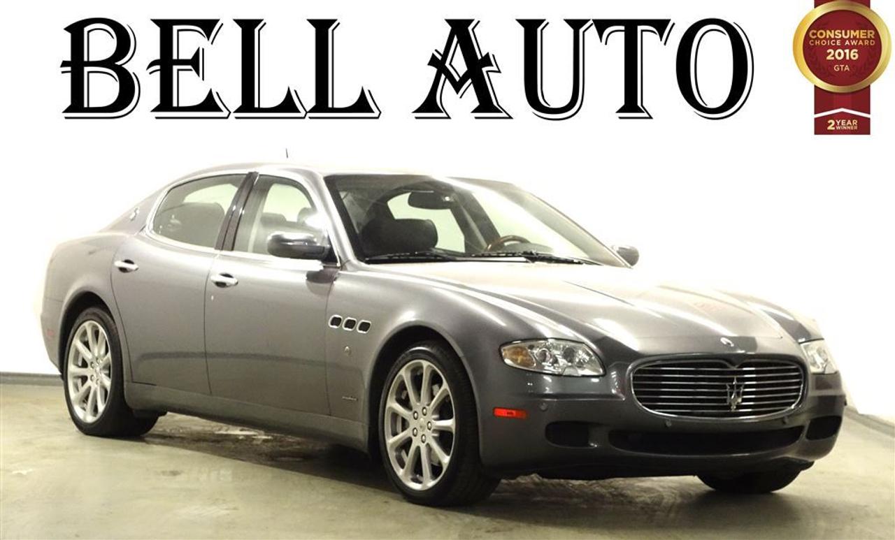 Heres a great deal on a 2006 Maserati Quattroporte! Representing the optimal blend of tarmac tearing performance and silky smooth highway refinement. This vehicle has achieved Certified Pre-Owned status, by passing a comprehensive certification process. This 4 door, 5 passenger sedan still has less than 35,000 kilometers! Top features include rain sensing wipers, leather upholstery, power front seats, and 1-touch window functionality. It features an automatic transmission, rear-wheel drive, and 4.2 liter 8 cylinder engine. Wed also be happy to help you arrange financing for your vehicle. Call now to schedule a test drive.All vehicles can be Safety Standards Certificate for an additional $1999, if no Safety Standards Certificate then as per OMVIC Regulations the vehicle is deemed to be not drivable, no Safety Standards Certificate