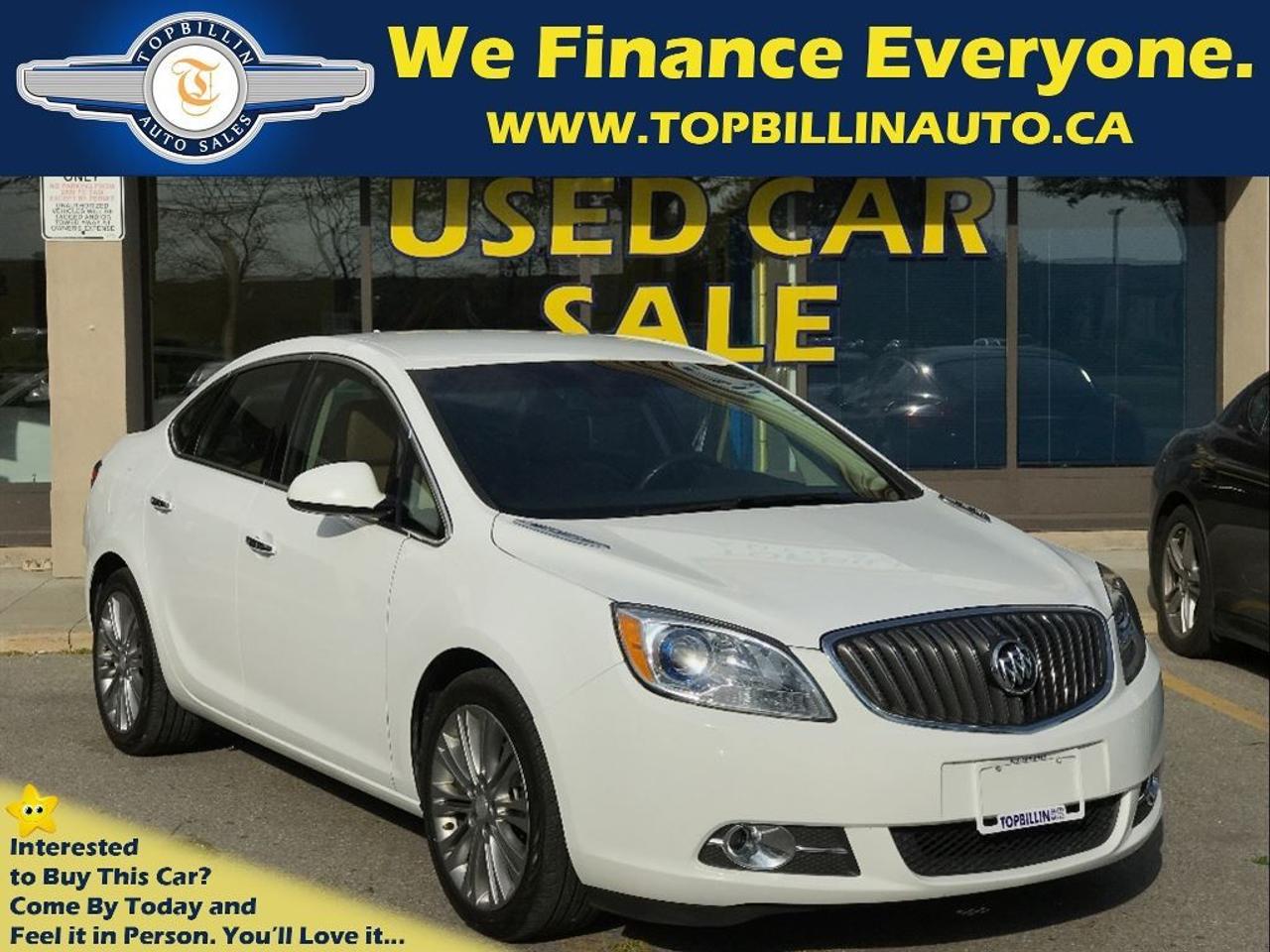 Stunning white exterior with beige leather interior. 1 OWNER Buick Verano with Full Service history. The same body style as the 2014 & 2015 models. This 2013 Buick Verano is very well equipped with all the luxury options like NAVIGATION, BACKUP CAMERA, HEATED STEERING WHEEL, HEATED SEATS, WOOD GRAIN TRIM, BLUETOOTH, power windows, Alloys, Cruise Control, AUX input & more. This 2013 Buick Verano comes with Free 2 Years Power-train Warranty included in the price and No Extra Cost. Used Car Loan, Financing, Leasing for Company or Personal use is available at the LOWEST possible rate! OAC. **Haggle Free**Hassel Free**fair Pricing**  ------------------------------------------------------------------------------------------------------------------   Discover your Exclusive used car loan offer with Easy financing application and a proven way to save money. We offer used car loans for everyone! Good credit car loans, Bad Credit Car loans, No credit car loans, Newcomers to Canada car loans & used car leasing. Used car loan rates start at %4.9, Do Not pay up to 90 days OAC. Apply Today! Secure, No obligation, you will love the results. www.topbillinauto.ca   Cost of borrowing $10,000 @ %4.9 over 60M is $1,300  ------------------------------------------------------------------------------------------------------------------   WE FINANCE EVERYONE. 100% APPLICATIONS ACCEPTED. Apply Today, Drive Tomorrow! WE CAN HELP!   ------------------------------------------------------------------------------------------------------------------  FREE 2 YEARS WARRANTY INCLUDES 24,000 kms, $600 PER CLAIM, COVERS (ENGINE, TRANSMISSION, DIFFERENTIAL, HEAD GASKET & ETC.) CANADA WIDE. Warranty Upgrade is Available. AS PER OMVIC REGULATION STANDARDS  VEHICLE IS NOT DERIVABLE, NOT CERTIFIED AND NOT E-TESTED. CERTIFICATION AND E-TEST AVAILABLE FOR FIVE HUNDREDS AND NINETY FIVE DOLLARS. THIS VEHICLE WILL BE DRIVABLE AFTER CERTIFICATION IS DONE!!! YOU DON&rsquo;T HAVE TO PAY FOR SAFETY CERTIFICATE, YOU CAN SAFETY THROUGH YOUR OWN MECHANIC. SOME VEHICLES MAY COME WITH VALID E-TEST!!! TO LEARN MORE ABOUT THIS RULE PLEASE CONTACT DEALER. TOPBILLIN AUTO SALES serving customers from all over Ontario including: GTA, Toronto, Scarborough, Mississauga, Vaughan, Richmond Hill, Markham, Oshawa, Pickering, Ajax, Whitby, Hamilton, Burlington, Brampton, Kitchener, Waterloo, Milton, Oakville, Newmarket, Aurora, Barrie and London. FOR ALL PROMOS AND FINANCING SOME RESTRICTIONS MAY APPLY. Cant you find your desired vehicle in our inventory? NO Problem! We find your ideal vehicle. Call us today!  ------------------------------------------------------------------------------------------------------------------   We sell and ship cars across Canada & the USA at the lowest possible cost, delivered to your door.   ------------------------------------------------------------------------------------------------------------------  Indoor Showroom Location: 7855 KEELE ST, VAUGHAN, ON, L4K1Y6 (JUST NORTH OF HWY7 ON KEELE ST.) BUSINESS HOURS: Mon-Fri 9:30 AM to 7:30 PM, Saturday 10 AM to 5 PM, Sunday 12 PM to 4 PM