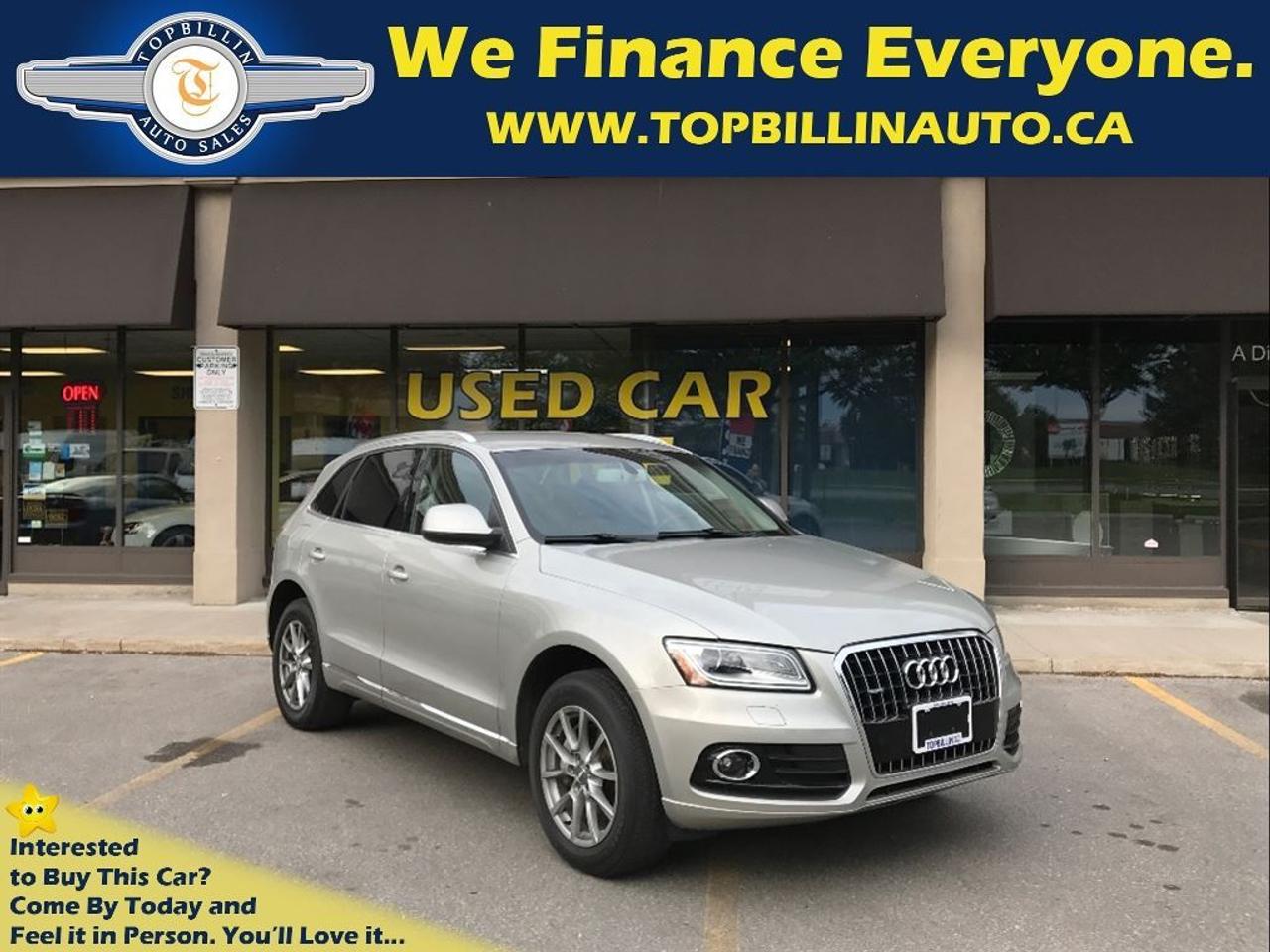 Local Ontario Audi Q5 / SQ5, 3.0T V6 Engine with 272 HP! Clean Carproof - Accident Free. The same body style as the 2013 & 2015. This 2014 Audi Q5 / SQ5 Quattro is fully equipped with every possible luxury options like All-Wheel-Drive, Navigation, Leather, Dual Climate Control, Blind Spot Assist, Power Trunk/ , Bluetooth, AUX, USB, Heated Seats, Power Seats (Front & Rear) , Back-up Sensors, Park Assist & much more. This 2014 Audi Q5 / SQ5 comes with Free 2 Years Power-train Warranty, E-tested & Certified included in the price and No Extra Cost. Used Car Loan, Financing, Leasing for Company or Personal use is available at the LOWEST possible rate! OAC. **Haggle Free**Hassel Free**fair Pricing**  ------------------------------------------------------------------------------------------------------------------  Discover your Exclusive used car loan offer with Easy financing application and a proven way to save money. We offer used car loans for everyone! Good credit car loans, Bad Credit Car loans, No credit car loans, Newcomers to Canada car loans & used car leasing. Used car loan rates start at %4.9, Do Not pay up to 90 days OAC. Apply Today! Secure, No obligation, you will love the results. www.topbillinauto.ca   Cost of borrowing $10,000 @ %4.9 over 60M is $1,300  ------------------------------------------------------------------------------------------------------------------  Buy used cars with confidence because we are OMVIC & UCDA registered used car dealer, No extra or hidden fees, Every used car comes with Free Accident History Report & 2 years powertrain WARRANTY included in the price!  ------------------------------------------------------------------------------------------------------------------   We know used car shopping is not easy! Therefore we handpicked 70 of the most wanted used cars at bargain prices for you. We keep all the cars clean, detailed & shiny inside our indoor showroom ready for you to come and see them in person and enjoy. TEXT MESSAGE US at 647-233-2273  ------------------------------------------------------------------------------------------------------------------  Become an insider at www.topbillinauto.ca Get notified for any price change and exclusive offers.  ------------------------------------------------------------------------------------------------------------------   FREE 2 YEARS WARRANTY INCLUDES 24,000 KILOMETERS, $600 PER CLAIM, COVERS (ENGINE, TRANSMISSION, DIFFERENTIAL, TOWING ALLOWANCE & TRAVEL & HOTEL ALLOWANCE) CANADA WIDE. Warranty Upgrade is Available. FOR ALL PROMOS AND CAR LOANS SOME RESTRICTIONS MAY APPLY. Cant find your desired used car in our inventory? NO Problem! We will find your ideal used car. Call us today! Price + HST + Licensing, NO EXTRA CHARGES!  ------------------------------------------------------------------------------------------------------------------   Indoor Showroom Location: 7855 KEELE ST, VAUGHAN, ON, L4K1Y6 (JUST NORTH OF HWY7 ON KEELE ST.) BUSINESS HOURS: Mon-Fri 9:30 AM to 7:30 PM, Saturday 10 AM to 5 PM, Sunday 12 PM to 4 PM