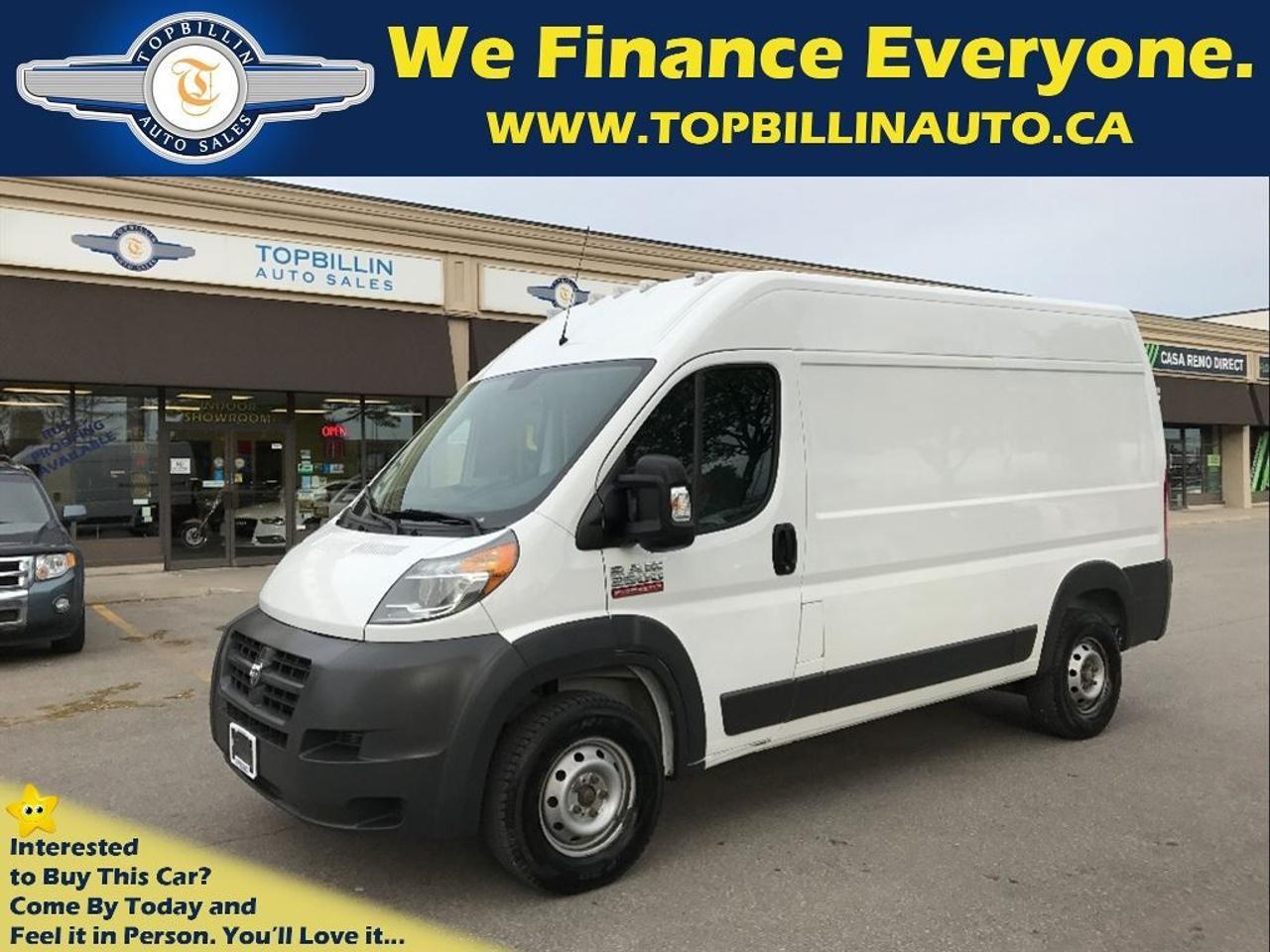 Just Arrived...Local Ontario Ram ProMaster 2500 Cargo Van with CLEAN CARPROOF - ACCIDENT FREE. The same body style as the 2015 models & dodge mercedes sprinter. This cargo van has full service history and all the service has been trough the dealer. This 2014 Ram ProMaster 2500 Cargo Van will be sold certified and emission tested. No extra or hidden fees & Free Accident History Report are included!Used Car Loan, Financing, Leasing for Company or Personal use is available at the LOWEST possible rate!  **Haggle Free**Hassel Free**fair Pricing**  ------------------------------------------------------------------------------------------------------------------  Discover your Exclusive used car loan offer with Easy financing application and a proven way to save money. We offer used car loans for everyone! Good credit car loans, Bad Credit Car loans, No credit car loans, Newcomers to Canada car loans & used car leasing. Used car loan rates start at %4.9, Do Not pay up to 90 days OAC. Apply Today! Secure, No obligation, you will love the results. www.topbillinauto.ca   Cost of borrowing $10,000 @ %4.9 over 60M is $1,300  ------------------------------------------------------------------------------------------------------------------  Buy used cars with confidence because we are OMVIC & UCDA registered used car dealer, No extra or hidden fees, Every used car comes with Free Accident History Report & 2 years powertrain WARRANTY included in the price!  ------------------------------------------------------------------------------------------------------------------   We know used car shopping is not easy! Therefore we handpicked 70 of the most wanted used cars at bargain prices for you. We keep all the cars clean, detailed & shiny inside our indoor showroom ready for you to come and see them in person and enjoy. TEXT MESSAGE US at 647-233-2273  ------------------------------------------------------------------------------------------------------------------  Become an insider at www.topbillinauto.ca Get notified for any price change and exclusive offers.  ------------------------------------------------------------------------------------------------------------------   FREE 2 YEARS WARRANTY INCLUDES 24,000 KILOMETERS, $600 PER CLAIM, COVERS (ENGINE, TRANSMISSION, DIFFERENTIAL, TOWING ALLOWANCE & TRAVEL & HOTEL ALLOWANCE) CANADA WIDE. Warranty Upgrade is Available. FOR ALL PROMOS AND CAR LOANS SOME RESTRICTIONS MAY APPLY. Cant find your desired used car in our inventory? NO Problem! We will find your ideal used car. Call us today! Price + HST + Licensing, NO EXTRA CHARGES!  ------------------------------------------------------------------------------------------------------------------   Indoor Showroom Location: 7855 KEELE ST, VAUGHAN, ON, L4K1Y6 (JUST NORTH OF HWY7 ON KEELE ST.) BUSINESS HOURS: Mon-Fri 9:30 AM to 7:30 PM, Saturday 10 AM to 5 PM, Sunday 12 PM to 4 PM