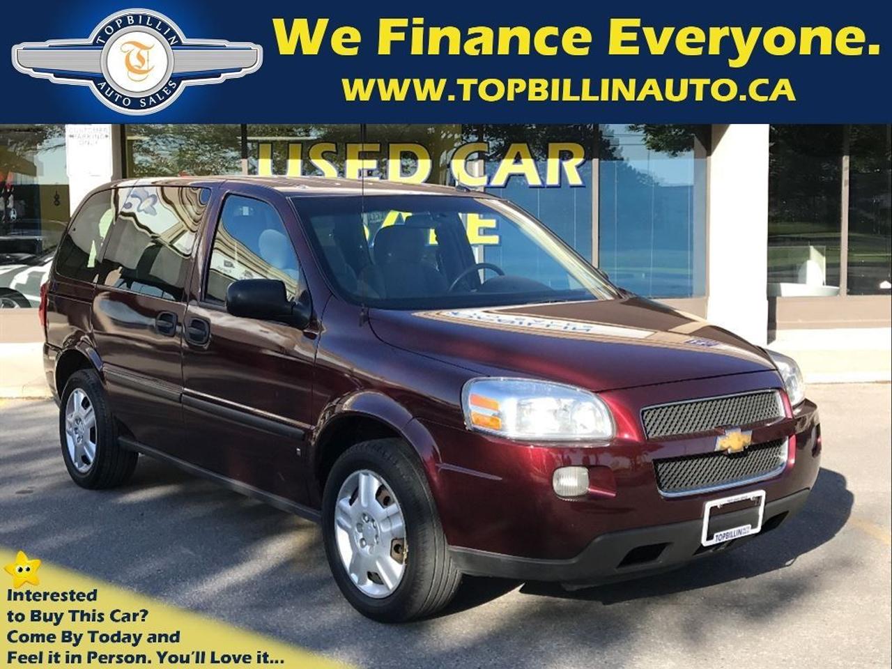 Just Arrived...Local Ontario Chevrolet Uplander, the same body style as the 2008 & 2010 models. This 2009 Chevrolet Uplander comes with Free 2 YEARS Power-train Warranty included in the price and No Extra Cost. Used Car Loan, Financing, Leasing for Company or Personal use is available at the LOWEST possible rate! OAC. **Haggle Free**Hassel Free**fair Pricing**  ------------------------------------------------------------------------------------------------------------------   Discover your Exclusive used car loan offer with Easy financing application and a proven way to save money. We offer used car loans for everyone! Good credit car loans, Bad Credit Car loans, No credit car loans, Newcomers to Canada car loans & used car leasing. Used car loan rates start at %4.9, Do Not pay up to 90 days OAC. Apply Today! Secure, No obligation, you will love the results. www.topbillinauto.ca   Cost of borrowing $10,000 @ %4.9 over 60M is $1,300  ------------------------------------------------------------------------------------------------------------------   WE FINANCE EVERYONE. 100% APPLICATIONS ACCEPTED. Apply Today, Drive Tomorrow! WE CAN HELP!   ------------------------------------------------------------------------------------------------------------------  FREE 2 YEARS WARRANTY INCLUDES UNLIMITED KILOMETERS, $600 PER CLAIM, COVERS (ENGINE, TRANSMISSION, DIFFERENTIAL, HEAD GASKET & ETC.) CANADA WIDE. Warranty Upgrade is Available. AS PER OMVIC REGULATION STANDARDS  VEHICLE IS NOT DERIVABLE, NOT CERTIFIED AND NOT E-TESTED. CERTIFICATION AND E-TEST AVAILABLE FOR FIVE HUNDREDS AND NINETY FIVE DOLLARS. THIS VEHICLE WILL BE DRIVABLE AFTER CERTIFICATION IS DONE!!! YOU DON&rsquo;T HAVE TO PAY FOR SAFETY CERTIFICATE, YOU CAN SAFETY THROUGH YOUR OWN MECHANIC. SOME VEHICLES MAY COME WITH VALID E-TEST!!! TO LEARN MORE ABOUT THIS RULE PLEASE CONTACT DEALER. TOPBILLIN AUTO SALES serving customers from all over Ontario including: GTA, Toronto, Scarborough, Mississauga, Vaughan, Richmond Hill, Markham, Oshawa, Pickering, Ajax, Whitby, Hamilton, Burlington, Brampton, Kitchener, Waterloo, Milton, Oakville, Newmarket, Aurora, Barrie and London. FOR ALL PROMOS AND FINANCING SOME RESTRICTIONS MAY APPLY. Cant you find your desired vehicle in our inventory? NO Problem! We find your ideal vehicle. Call us today!   ------------------------------------------------------------------------------------------------------------------   We sell and ship cars across Canada & the USA at the lowest possible cost, delivered to your door.   ------------------------------------------------------------------------------------------------------------------  Indoor Showroom Location: 7855 KEELE ST, VAUGHAN, ON, L4K1Y6 (JUST NORTH OF HWY7 ON KEELE ST.) BUSINESS HOURS: Mon-Fri 9:30 AM to 7:30 PM, Saturday 10 AM to 5 PM, Sunday 12 PM to 4 PM