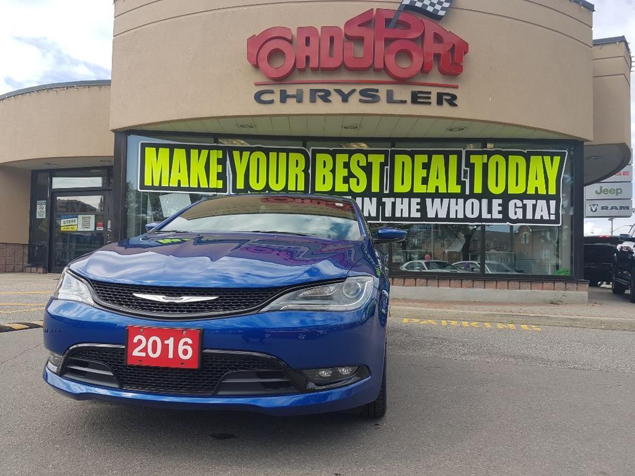 **2016 CHRYSLER 200S ALL WHEEL DRIVE..FINISHED IN VIVID BLUE THIS 200 IS EQUIPPED WITH A 3.6L V6 ENGINE AND 9 SPEED AUTOMATIC TRANSMISSION. THIS VEHICLE ALSO FEATURES THE 8.4 INCH TOUCH SCREEN RADIO, LEATHER SEATING, HEATED SEATS, VENTILATED (COOLED) SEATS, COMFORT GROUP, HEATED STEERING WHEEL,PUSH BUTTON START, REMOTE START, 19 HYPERBLACK WHEELS,FOR LIGHTS BLUETOOTH TECHNOLOGY, SATELITTE RADIO EQUIPPED AND MUCH MORE, 2 SETS OF KEYS AND CLEAN CARPROOF. FORMER COMPANY DEMONSTRATOR. VEHICLE LOCATED AT ROADSPORT CHRYSLER, 2851 EGLINTON AVE EAST, TORONTO ONTARIO 416-264-2501.