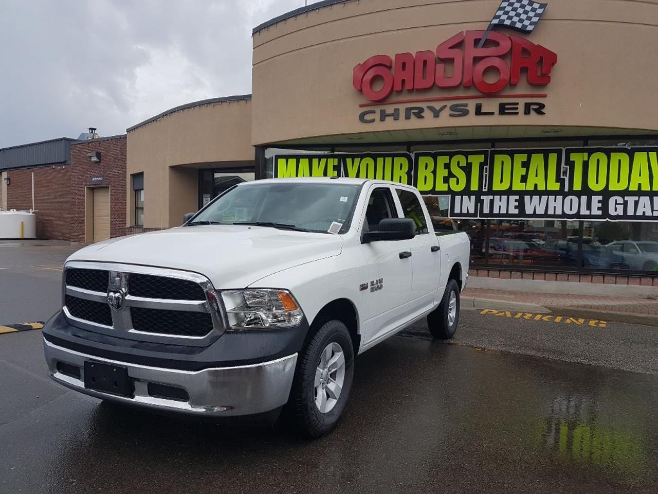 **2017 RAM 1500 CREW CAB 4X4 ST WITH SXT APPERANCE GROUP. 5.7L HEMI ENGINE, BLUETOOTH, KEYLESS ENTRY, POWER WINDOWS, POWER LOCKS, AIR CONDITIONG, SATELLITE RADIO, TRACTION CONTROL, AUTOMATIC HEADLAMPS, LOCKING TAILGATE, 6 SPEAKERS, REMOTE USB PORT 17 INCH ALUMINUM WHEELS, CHROME FRONT AND CHROME REAR BUMPER AND 2 SETS OF KEYS, VEHICLE LOCATED AT ROADSPORT CHRYSLER 2851 EGLINTON AVE EAST, TORONTO ONTARIO. WE DELIVER ALL ACROSS ONTARIO, DELIVERY AVAILABLE, CALL OR EMAIL FOR DETAILS.