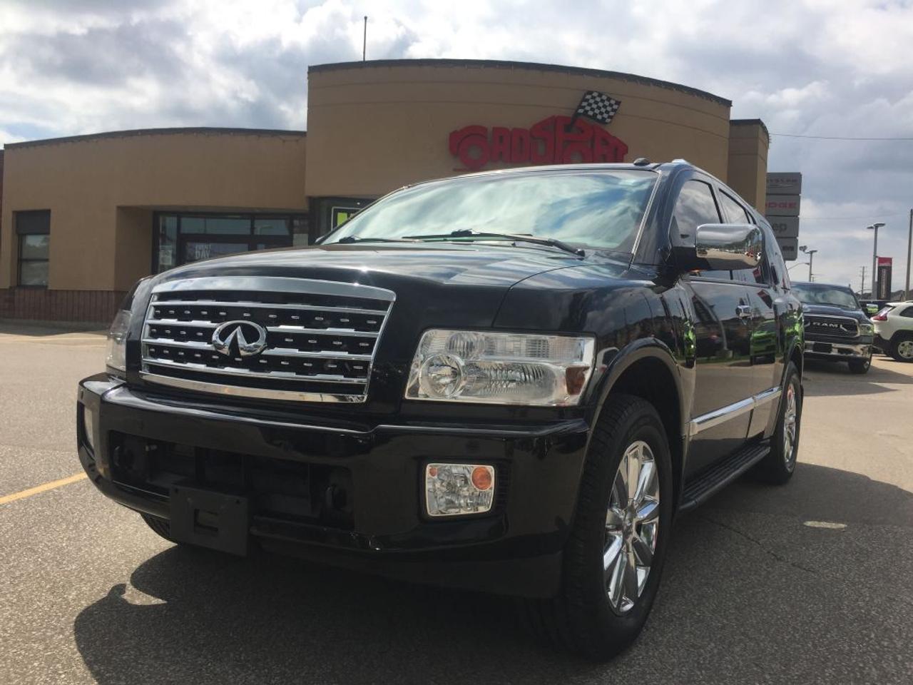 **2008 INFINITI QX56, THIS 8 PASSENGER VEHICLE IS EQUIPPED WITH LEATHER SEATING, GPS NAVIGATION POWER SUNROOF REAR HEATED SEATS, TRAILER TOW PACKAGE, 4 WHEEL DRIVE, CLEAN CARPROOF TWO SETS OF KEYS HEATED FRONT SEATS AND MUCH MORE. VEHICLE LOCATED AT ROADSPORT CHRYSLER 2851 EGLINTON AVENUE EAST TORONTO ONTARIO 416-264-2501...