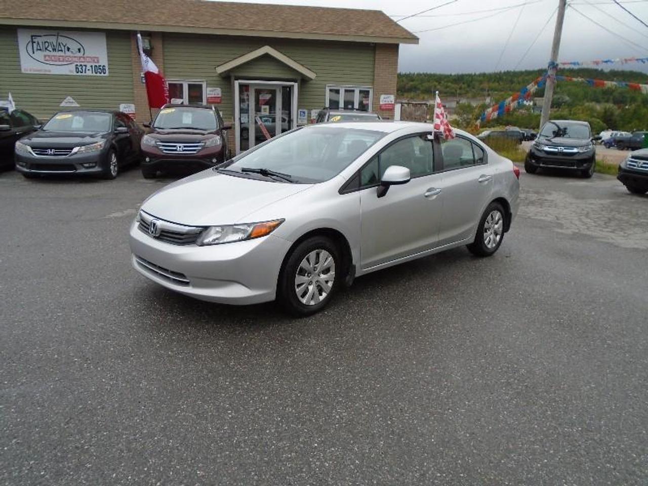 LOCATED AT
<a href=http://http://www.fairwayhonda.com rel=external>Fairway Honda</a>
30 Confederation Drive
Corner Brook  A2H-6T2
(709) 634-8881
1 (877) 373-5681

A 2012 HONDA CIVIC FOR UNDER $10,000 - PRICED AT JUST $9,744!!! COMES FULLY HONDA DEALER INSPECTED WITH LOTS OF FEATURES SUCH AS POWER WINDOWS, LOCKS & MIRRORS, CRUISE CONTROL, CD AUDIO W/MP3, AUTOMATIC TRANSMISSION, PLUS MUCH MORE!!

Warranty is Available.