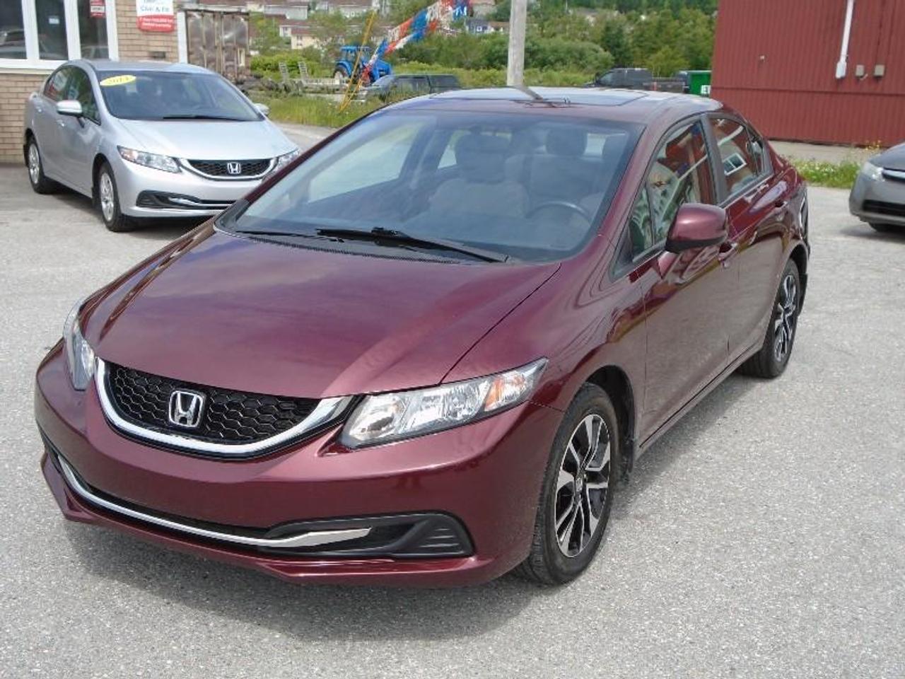 LOCATED AT
<a href=http://http://www.fairwayhonda.com rel=external>Fairway Honda</a>
30 Confederation Drive
Corner Brook  A2H-6T2
(709) 634-8881
1 (877) 373-5681

THIS 2013 HONDA CIVIC EX IS A LOOKER IN CRIMSON PEARL PAINT. WITH JUST 47,720 KMS, IT WONT LAST LONG! IT COMES GENEROUSLY EQUIPPED POWER WINDOWS, LOCKS & MIRRORS, CRUISE CONTROL, AIR CONDITIONING, CD AUDIO, BACK UP CAMERA, ALLOY WHEELS, PLUS A POWER SUNROOF!! HURRY IN TODAY FOR A TEST DRIVE OR CALL 637-1056 FOR MORE INFO.

Remainder of Factory Warranty.