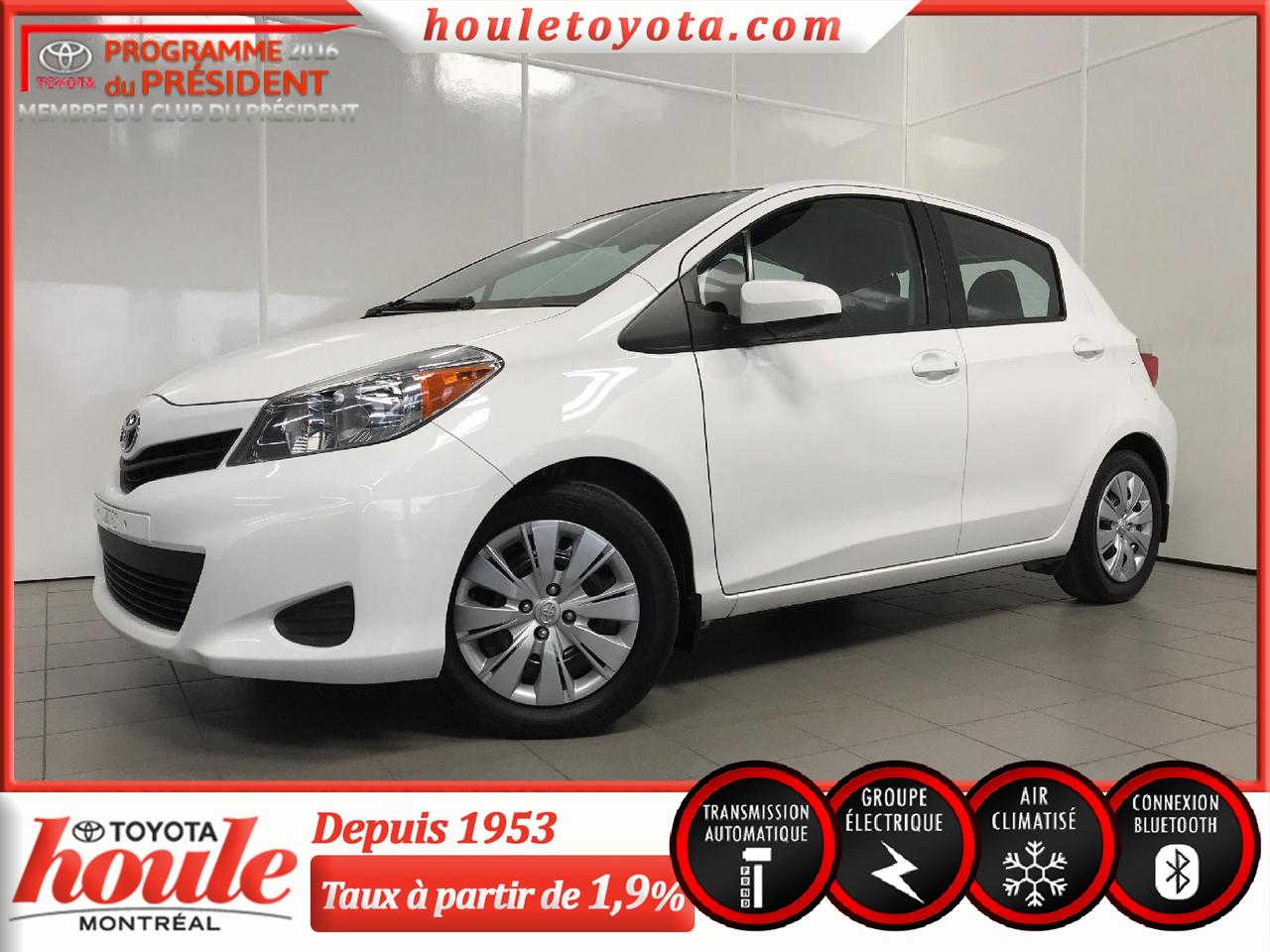 <a href=https://www.houletoyota.com/occasion/Toyota-Yaris-2014.html>https://www.houletoyota.com/occasion/Toyota-Yaris-2014.html</a>

Groupe Commodité
Moteur 4 cylindres 1.5L
Transmission automatique à 4 vitesses 

Équipée de freins ABS, régulateur de vitesse, système daccueil sans clé, air climatisé, lecteur CD et MP3, technologie Bluetooth intégrée, port USB, prise auxiliaire, 4 haut-parleurs, portes et vitres électriques, rétroviseurs électriques et chauffants, vitres teintées, roues en acier de 15 pouces avec enjoliveurs de roues complets.

Cette Yaris 2014 est en très bonne condition et a toujours été entretenue au concessionnaire dorigine Toyota, a été conduite par un seul propriétaire et na jamais été accidentée. De plus, en raison de son bas kilométrage, elle est toujours sous la garantie du fabriquant. Avec une consommation dessence de 6,7L/100km en ville et 5,5L/100km sur lautoroute, cette petite voiture est très économique. Cette Yaris LE 2014 est lidéal si vous cherchez un véhicule fiable et sécuritaire.


*Taxes en sus. Véhicule inspecté en 160 points selon les normes de Toyota Canada. Spécialiste en 1ère, 2e et 3e chance au crédit directement sur place. Approbation simple et rapide. Carproof fourni pour chaque véhicule. Houle Toyota, la transparence garantie. Nous sommes situés à proximité de Montréal, Laval, Rive-Nord, Rive-Sud, lEstrie et les Laurentides.

Nous vendons des véhicules de toutes les marques. Disponible en inventaire : berline, hatchback, V.U.S, tout-terrain, camion, pickup, S.U.V, AWD, 4x4, etc.