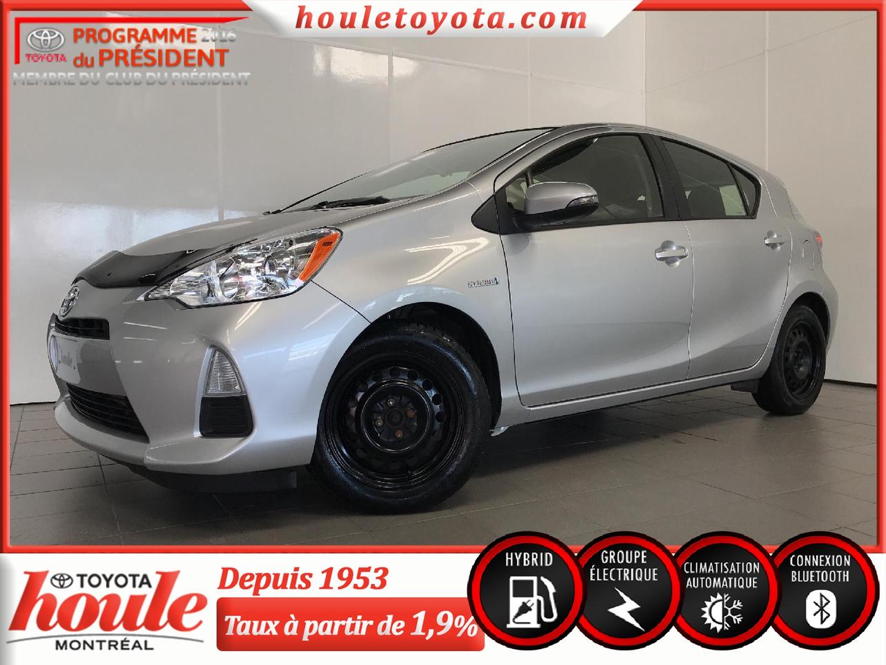 <a href=https://www.houletoyota.com/occasion/Toyota-Prius_C-2014.html>https://www.houletoyota.com/occasion/Toyota-Prius_C-2014.html</a>

Groupe Amélioré
Moteur 4 cylindres 1.5L
Transmission automatique CVT 

Équipée de freins ABS, système daccueil sans clé, régulateur de vitesse, mode EV et mode ECO, portes et électriques, vitres électriques avec auto montée/auto-descente pour la vitre conducteur, rétroviseurs électriques et chauffants avec clignotant intégré, lecteur CD, port USB, compatibilité Bluetooth, 6 haut-parleurs, écran ACL de 3,5 po, commandes audio au volant, air climatisée automatique, cache-bagage et filet de rétention dans le coffre, tableau de bord recouvert de cuir, sièges recouverts de tissus de première qualité.

Cette Prius C 2014 a été conduite par un seul propriétaire et a toujours été entretenue au concessionnaire Toyota dorigine. De plus, comme elle na que 60,150 km au compteur, elle est toujours sous la garantie du manufacturier.

Avec une consommation dessence de 3,6L/100km en ville et 4,0L/100km sur lautoroute, cette petite voiture est très économique. Cette Prius C 2014 est lidéal si vous cherchez un véhicule fiable et sécuritaire. Elle est équipée pour votre confort et votre bien être, elle est en excellente condition et vous la garderez longtemps.


*Taxes en sus. Véhicule inspecté en 160 points selon les normes de Toyota Canada. Spécialiste en 1ère, 2e et 3e chance au crédit directement sur place. Approbation simple et rapide. Carproof fourni pour chaque véhicule. Houle Toyota, la transparence garantie. Nous sommes situés à proximité de Montréal, Laval, Rive-Nord, Rive-Sud, lEstrie et les Laurentides.

Nous vendons des véhicules de toutes les marques. Disponible en inventaire : berline, hatchback, V.U.S, tout-terrain, camion, pickup, S.U.V, AWD, 4x4, etc.