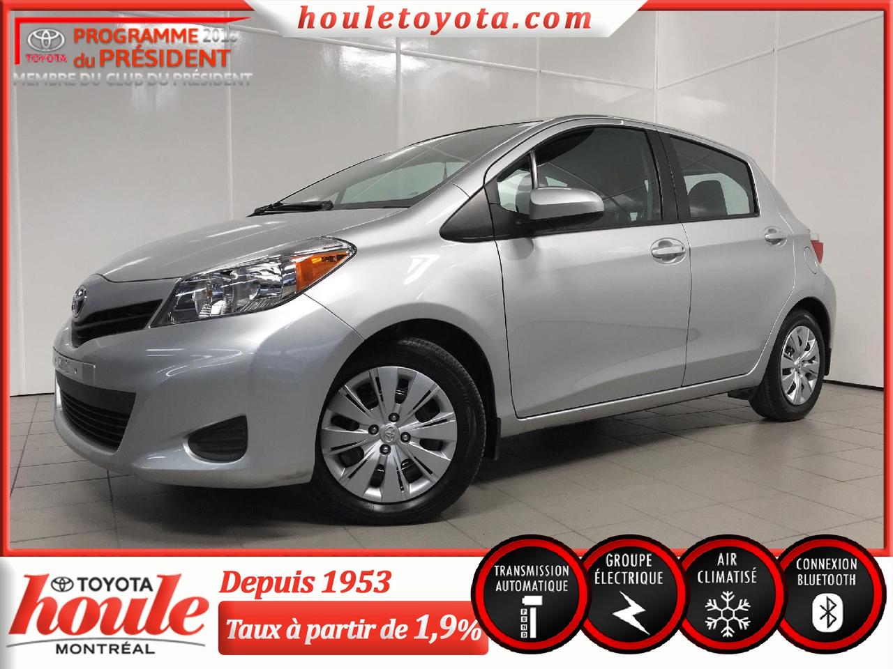 <a href=https://www.houletoyota.com/occasion/Toyota-Yaris-2014.html>https://www.houletoyota.com/occasion/Toyota-Yaris-2014.html</a>

Groupe Commodité
Moteur 4 cylindres 1.5L
Transmission automatique à 4 vitesses 

Équipée de freins ABS, régulateur de vitesse, système daccueil sans clé, air climatisé, lecteur CD et MP3, technologie Bluetooth intégrée, port USB, prise auxiliaire, 4 haut-parleurs, portes et vitres électriques, rétroviseurs électriques et chauffants, vitres teintées, roues en acier de 15 pouces avec enjoliveurs de roues complets.

Cette Yaris 2014 est en très bonne condition et a toujours été entretenue au concessionnaire dorigine Toyota et a été conduite par un seul propriétaire. De plus, en raison de son bas kilométrage, celle-ci est toujours sous la garantie du fabriquant.

 Avec une consommation dessence de 6,7L/100km en ville et 5,5L/100km sur lautoroute, cette petite voiture est très économique. Cette Yaris LE 2014 est lidéal si vous cherchez un véhicule fiable et sécuritaire.



*Taxes en sus. Véhicule inspecté en 160 points selon les normes de Toyota Canada. Spécialiste en 1ère, 2e et 3e chance au crédit directement sur place. Approbation simple et rapide. Carproof fourni pour chaque véhicule. Houle Toyota, la transparence garantie. Nous sommes situés à proximité de Montréal, Laval, Rive-Nord, Rive-Sud, lEstrie et les Laurentides.

Nous vendons des véhicules de toutes les marques. Disponible en inventaire : berline, hatchback, V.U.S, tout-terrain, camion, pickup, S.U.V, AWD, 4x4, etc.