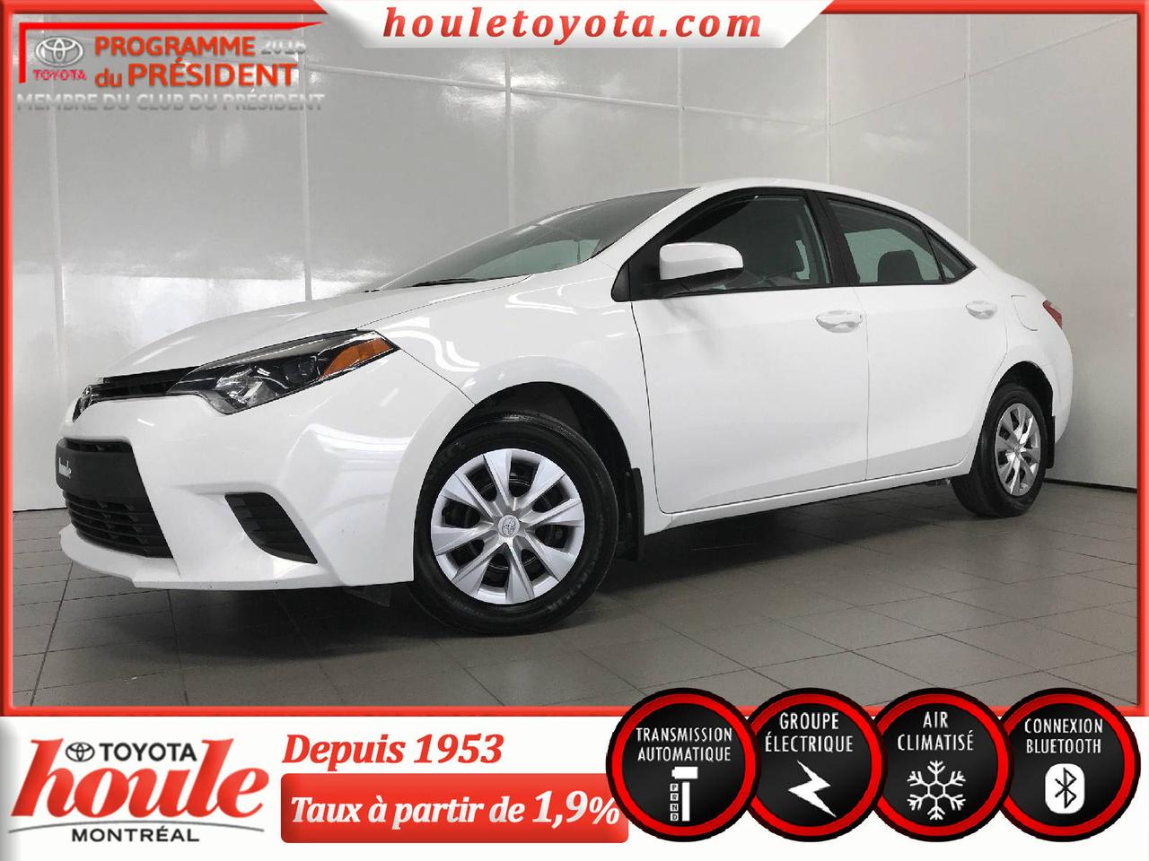 <a href=https://www.houletoyota.com/occasion/Toyota-Corolla-2014.html>https://www.houletoyota.com/occasion/Toyota-Corolla-2014.html</a>

Moteur 4 cylindres 1.8L		
Transmission automatique à 4 vitesses 

Équipée de freins ABS, portes et vitres électriques, rétroviseurs électriques et chauffants, lecteur CD et MP3, Bluetooth, prise auxiliaire, port USB, commandes audio au volant, 4 haut-parleurs, air climatisé.

Cette Corolla 2014 a été conduite par un seul propriétaire, na jamais été accidentée et a toujours été entretenue au concessionnaire Toyota. De plus, en raison de son bas kilométrage, elle est toujours sous la garantie du fabriquant. 

Avec une consommation dessence de 7,4L/100km en ville et 5,4L/100km sur lautoroute, cette petite voiture est très économique. Cette Corolla CE 2014 est lidéal si vous cherchez un véhicule fiable et sécuritaire.


* Taxes en sus. Véhicule inspecté en 160 points selon les normes de Toyota Canada. Spécialiste en 1ère, 2e et 3e chance au crédit directement sur place. Approbation simple et rapide. Carproof fourni pour chaque véhicule. Houle Toyota, la transparence garantie. Nous sommes situés à proximité de Montréal, Laval, Rive-Nord, Rive-Sud, lEstrie et les Laurentides.

Nous vendons des véhicules de toutes les marques. Disponible en inventaire : berline, hatchback, V.U.S, tout-terrain, camion, pickup, S.U.V, AWD, 4x4, etc.