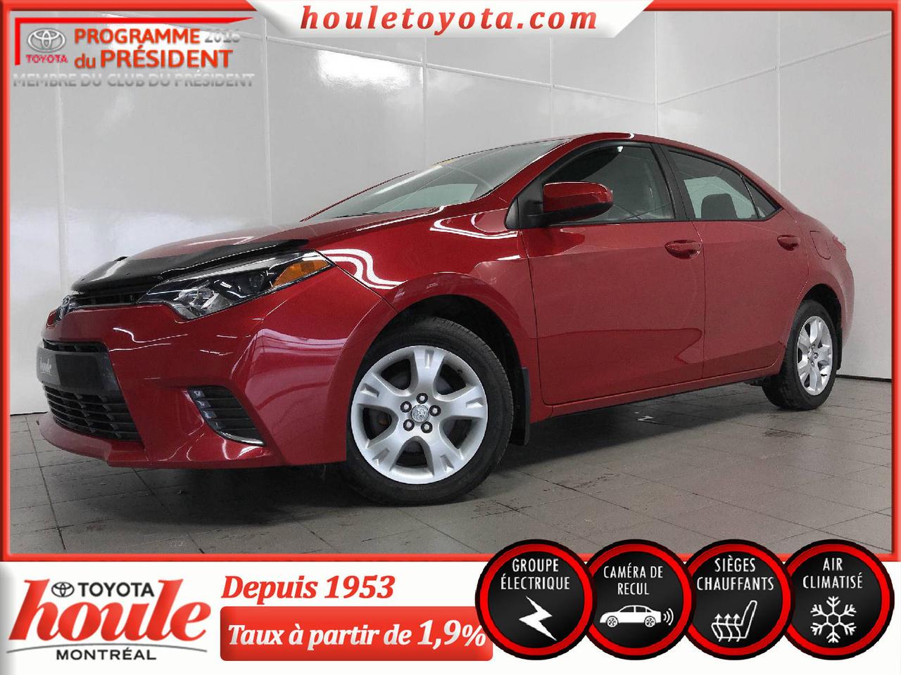 <a href=https://www.houletoyota.com/occasion/Toyota-Corolla-2015.html>https://www.houletoyota.com/occasion/Toyota-Corolla-2015.html</a>

Moteur 4 cylindres 1.8L
Transmission automatique CVT 

Équipée de freins ABS, portes, fenêtres et miroirs électriques, lecteur CD et MP3, prise auxiliaire, port USB, technologie Bluetooth intégrée, commandes au volant, bancs et miroirs chauffants, air climatisée et caméra de recul.

Cette magnifique Corolla 2015 a été conduite par un seul propriétaire et na jamais été accidentée, Carproof à lappuis. Les entretiens ont toujours été effectués au concessionnaire Toyota dorigine. Dailleurs, avec 67,567 km au compteur, ce bolide est toujours garanti par le fabriquant. 

Cette Corolla 2015 est équipée pour votre confort et votre bien être, elle est en excellente condition et vous la garderez longtemps.

* Taxes en sus. Véhicule inspecté en 160 points selon les normes de Toyota Canada. Spécialiste en 1ère, 2e et 3e chance au crédit directement sur place. Approbation simple et rapide. Carproof fourni pour chaque véhicule. Houle Toyota, la transparence garantie. Nous sommes situés à proximité de Montréal, Laval, Rive-Nord, Rive-Sud, lEstrie et les Laurentides.

Nous vendons des véhicules de toutes les marques. Disponible en inventaire : berline, hatchback, V.U.S, tout-terrain, camion, pickup, S.U.V, AWD, 4x4, etc.