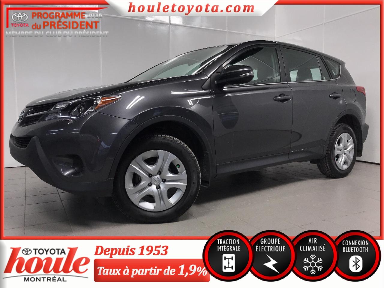 <a href=https://www.houletoyota.com/occasion/Toyota-RAV4-2015.html>https://www.houletoyota.com/occasion/Toyota-RAV4-2015.html</a>

Moteur 4 cylindres 2.5L
Transmission automatique à 6 vitesses 

Équipée de freins ABS, régulateur de vitesse, mode de conduite sélectionnable (normal, éco et sport), portes, fenêtres et miroirs électriques, lecteur CD et MP3, prise auxiliaire, port USB, technologie Bluetooth intégrée, commandes audio au volant, air climatisée.

Ce RAV4  na jamais été accidentée, Carproof à lappuis. Comme il na que 73,628 km, il est encore garanti par le fabriquant. Avec son grand espace de rangement dans la valise et ses sièges rabattables, le RAV4 LE est parfait pour voyager, pour le camping ou transporter des gros objets. 


*Taxes en sus. Véhicule inspecté en 160 points selon les normes de Toyota Canada. Spécialiste en 1ère, 2e et 3e chance au crédit directement sur place. Approbation simple et rapide. Carproof fourni pour chaque véhicule. Houle Toyota, la transparence garantie. Nous sommes situés à proximité de Montréal, Laval, Rive-Nord, Rive-Sud, lEstrie et les Laurentides.

Nous vendons des véhicules de toutes les marques. Disponible en inventaire : berline, hatchback, V.U.S, tout-terrain, camion, pickup, S.U.V, AWD, 4x4, etc.