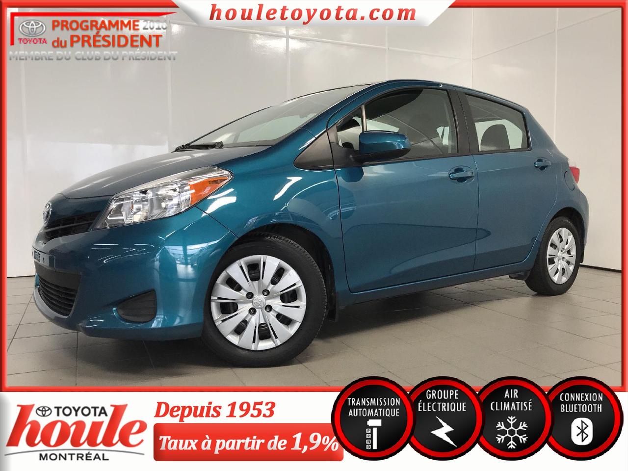 <a href=https://www.houletoyota.com/occasion/Toyota-Yaris-2014.html>https://www.houletoyota.com/occasion/Toyota-Yaris-2014.html</a>

Groupe Commodité
Moteur 4 cylindres 1.5L
Transmission automatique à 4 vitesses 

Équipée de freins ABS, régulateur de vitesse, système daccueil sans clé, air climatisé, lecteur CD et MP3, technologie Bluetooth intégrée, port USB, prise auxiliaire, 4 haut-parleurs, portes et vitres électriques, rétroviseurs électriques et chauffants, vitres teintées, roues en acier de 15 pouces avec enjoliveurs de roues complets.

Cette Yaris 2014 est en très bonne condition e a été conduite par un seul propriétaire. Avec une consommation dessence de 6,7L/100km en ville et 5,5L/100km sur lautoroute, cette petite voiture est très économique. Cette Yaris LE 2014 est lidéal si vous cherchez un véhicule fiable et sécuritaire.


*Taxes en sus. Véhicule inspecté en 160 points selon les normes de Toyota Canada. Spécialiste en 1ère, 2e et 3e chance au crédit directement sur place. Approbation simple et rapide. Carproof fourni pour chaque véhicule. Houle Toyota, la transparence garantie. Nous sommes situés à proximité de Montréal, Laval, Rive-Nord, Rive-Sud, lEstrie et les Laurentides.

Nous vendons des véhicules de toutes les marques. Disponible en inventaire : berline, hatchback, V.U.S, tout-terrain, camion, pickup, S.U.V, AWD, 4x4, etc.