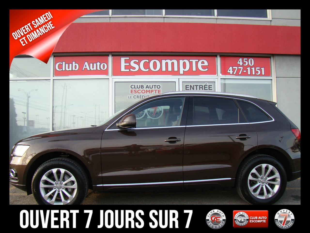 <a href=https://www.clubautoescompte.com/occasion/Audi-Q5-2013.html>https://www.clubautoescompte.com/occasion/Audi-Q5-2013.html</a>

Edition Premium Quattro Tubo 2.0. Garantie complète de 6 mois ou 5000 km sans frais. Seulement 1 propriétaire. Jamais accidenté. Tout équipé avec intérieur cuir marron....(très rare). Toit panoramique. Carrosserie et Intérieur sont dans un état irréprochable. Inspection complétée en 101 points. Pneus presque neufs. Tous les liquides et filtres sont neufs. Très très bas kilométrage certifié. Voir photos ci-jointes.

Club Auto Escompte est ouvert les SAMEDIS de 10h /15h  et DIMANCHES de 10h /14h Véhicules doccasion certifiés. Processus rigoureux de remise à neuf de tous nos véhicules d`occasion en inventaire. Les employés affables de chez Club Auto Escompte sont d`une transparence sans faille et vous font la promesse de vous faire vivre une expérience d`achat excitante. Venez constater par vous-même la qualité de tous nos véhicules d`occasion. Service spécialisé de 1ère et 2ème chance au crédit. Club Auto Escompte. Nous répondons aux demandes dinformations par courriel 7/7 jours/semaine.
2875, chemin Gascon Terrebonne. Qc. J7L 3X7
