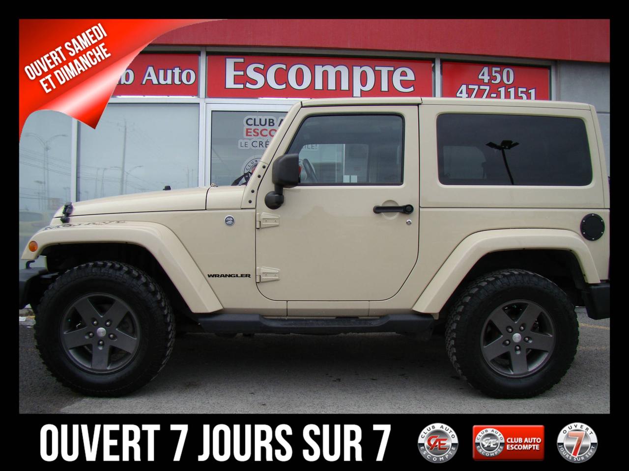 <a href=https://www.clubautoescompte.com/occasion/Jeep-Wrangler-2011.html>https://www.clubautoescompte.com/occasion/Jeep-Wrangler-2011.html</a>

Edition Très limitée et très rare sur le marché.  MOJAVE 2011 4x4 avec sellerie de cuir complète sur signature JEEP. Intérieur marron sur 2 tons.  VÉHICULE JAMAIS ACCIDENTÉ....dans une condition sans reproche. Antirouille complétée à tous les ans. Aucune trace de rouille. Carrosserie et intérieur sont immaculés. Véhicule non fumeur.........Inspection complétée en 101 points. Tous les liquides et filtres sont neufs. Pneus haute performance flambants neuf également. Groupe remorquage complet. Tout équipé avec sièges chauffants et air climatisé. Voir photos ci-jointes....

Club Auto Escompte est ouvert les SAMEDIS et DIMANCHES de 09h /15h.  Véhicules doccasion certifiés. Processus rigoureux de remise à neuf de tous nos véhicules d`occasion en inventaire. Les employés affables de chez Club Auto Escompte sont d`une transparence sans faille et vous font la promesse de vous faire vivre une expérience d`achat excitante. Venez constater par vous-même la qualité de tous nos véhicules d`occasion. Service spécialisé de 1ère et 2ème chance au crédit. Club Auto Escompte. Nous répondons aux demandes dinformations par courriel 7/7 jours/semaine.
2875, chemin Gascon Terrebonne. Qc. J7L 3X7