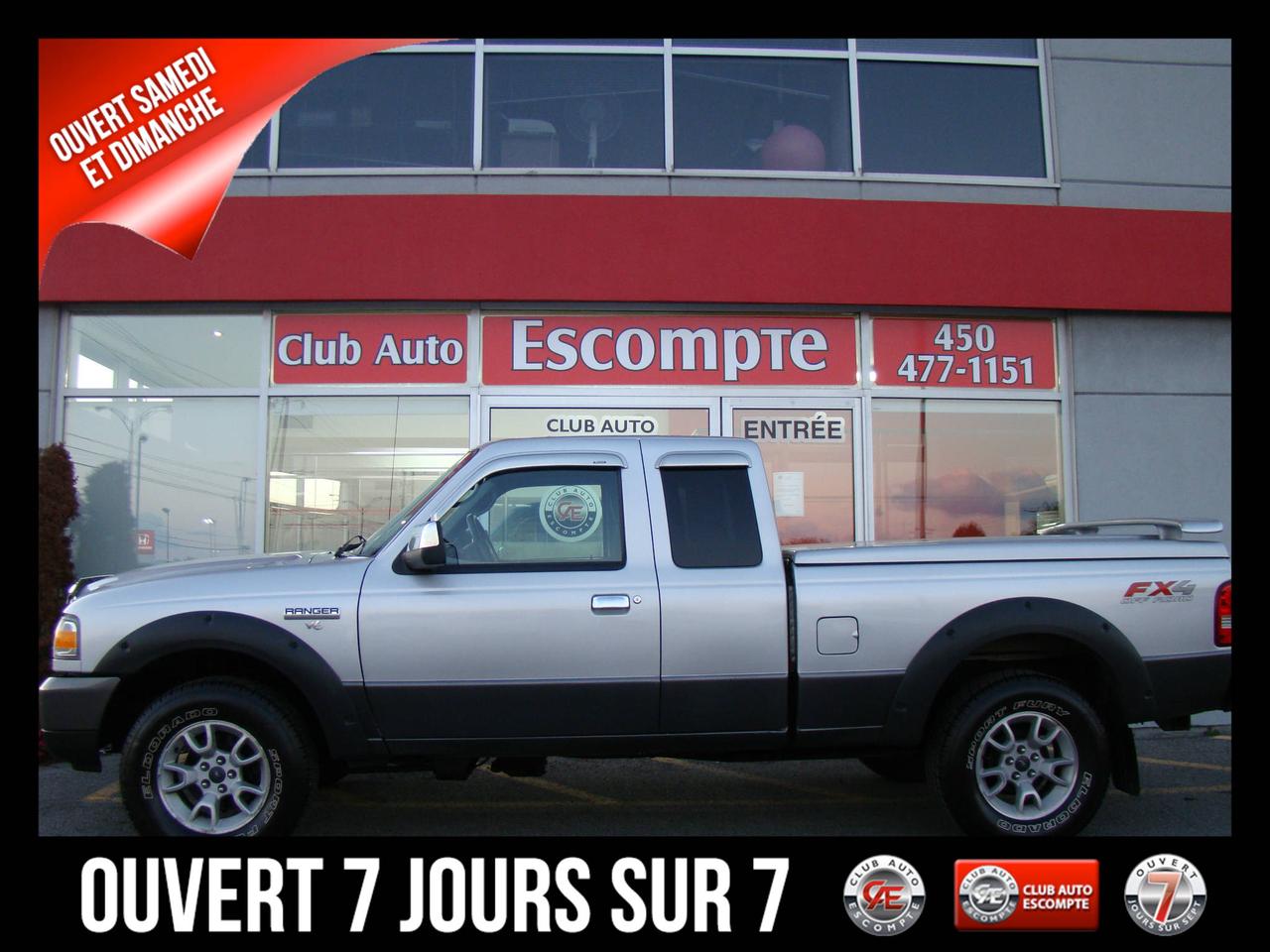 <a href=https://www.clubautoescompte.com/occasion/Ford-Ranger-2007.html>https://www.clubautoescompte.com/occasion/Ford-Ranger-2007.html</a>

Véhicule dException...compte-tenu du très bas kilométrage certifié. Cest le FORD RANGER FX4 avec le plus bas kilométrage dans la Province de Québec. Il est dune propreté sans reproche. Condition générale exceptionnelle. Tout équipé avec Système 4x4 et Air climatisé. Voir photos ci-jointes très détaillées qui démontrent  la qualité de la carrosserie ainsi que le véhicule au complet sous tous ces angles......

Club Auto Escompte est ouvert les SAMEDIS de 10h/15h et DIMANCHES de 10h / 14h. Véhicules doccasion certifiés. Processus rigoureux de remise à neuf de tous nos véhicules d`occasion en inventaire. Les employés affables de chez Club Auto Escompte sont d`une transparence sans faille et vous font la promesse de vous faire vivre une expérience d`achat excitante. Venez constater par vous-même la qualité de tous nos véhicules d`occasion. Service spécialisé de 1ère et 2ème chance au crédit. Club Auto Escompte. Nous répondons aux demandes dinformations par courriel 7/7 jours/semaine.
2875, chemin Gascon Terrebonne. Qc. J7L 3X7