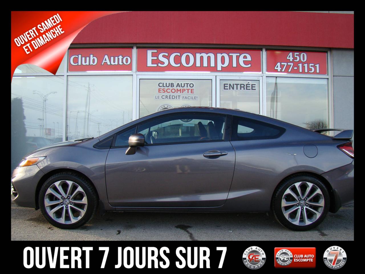 <a href=https://www.clubautoescompte.com/occasion/Honda-Civic-2014.html>https://www.clubautoescompte.com/occasion/Honda-Civic-2014.html</a>

Edition SI dans une condition irréprochable.......Groupe Navigation......Toit ouvrant électrique....tout équipé. Tous les liquides et filtres ont été changés. Inspection en 101 points complétée. Vitres teintées.Transmission manuelle, Groupe électrique, Caméra de recul, Caméra dangle mort, Climatiseur, Sièges chauffants, Régulateur de vitesse, Bluetooth, Mags, Toit ouvrant, Prise USB, Lecteur CD avec contrôle audio au volant, etc...... Tapis flambants de HFP flambants neufs.....Voir photos ci-jointes....
Club Auto Escompte est ouvert les SAMEDIS et DIMANCHES de 09h /15h.  Véhicules doccasion certifiés. Processus rigoureux de remise à neuf de tous nos véhicules d`occasion en inventaire. Les employés affables de chez Club Auto Escompte sont d`une transparence sans faille et vous font la promesse de vous faire vivre une expérience d`achat excitante. Venez constater par vous-même la qualité de tous nos véhicules d`occasion. Service spécialisé de 1ère et 2ème chance au crédit. Club Auto Escompte. Nous répondons aux demandes dinformations par courriel 7/7 jours/semaine.
2875, chemin Gascon Terrebonne. Qc. J7L 3X7