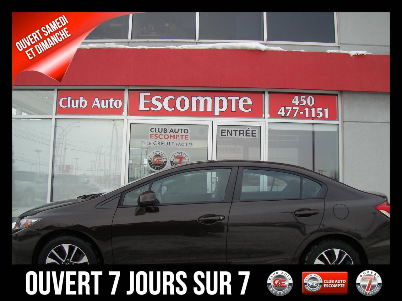<a href=https://www.clubautoescompte.com/occasion/Honda-Civic-2013.html>https://www.clubautoescompte.com/occasion/Honda-Civic-2013.html</a>

Edition EX...1 Seul propriétaire. Jamais accidenté. Véhicule non fumeur. Garantie de 3 mois ou 5000 km incluse sans frais supplémentaires.  Démarreur à distance avec OPTIONS PLUS inclus. Pneus neufs. Carrosserie  et intérieurs sont comme neufs...Il est dans une condition irréprochable. Tout équipé avec toit ouvrant électrique. Sièges chauffants. Technologie bluetooth. Mags originaux...et beaucoup plus......voir photos ci-jointes...
Club Auto Escompte est ouvert les SAMEDIS de 10h /15h  et DIMANCHES de 10h /14h Véhicules doccasion certifiés. Processus rigoureux de remise à neuf de tous nos véhicules d`occasion en inventaire. Les employés affables de chez Club Auto Escompte sont d`une transparence sans faille et vous font la promesse de vous faire vivre une expérience d`achat excitante. Venez constater par vous-même la qualité de tous nos véhicules d`occasion. Service spécialisé de 1ère et 2ème chance au crédit. Club Auto Escompte. Nous répondons aux demandes dinformations par courriel 7/7 jours/semaine.
2875, chemin Gascon Terrebonne. Qc. J7L 3X7