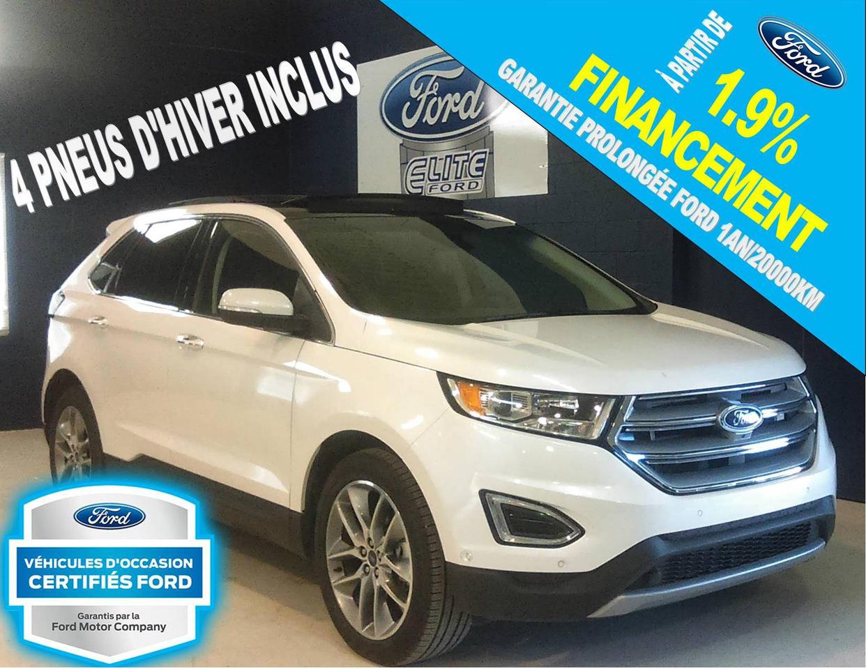 <a href=https://www.eliteford.com/occasion/Ford-Edge-2016.html>https://www.eliteford.com/occasion/Ford-Edge-2016.html</a>

*FINANCEMENT À PARTIR DE 1.9%*, PROGRAMME VÉHICULE DOCCASION CERTIFIÉ DISPONIBLE.   SUPERBE FORD EDGE TITANIUM 2016, MOTEUR V6 3.5L TRANSMISSION AUTOMATIQUE À 6 VITESSES, AWD, CAMÉRA DE STATIONNEMENT AVANT, CAMÉRA DE RECUL, SYSTÈME AUDIO SONY, ÉCRAN TACTILE MY FORD TOUCH, SYSTÈME DE NAVIGATION À COMMANDE VOCALE, GROUPE ÉLECTRIQUE COMPLET, SIÈGES EN CUIR CHAUFFANTS ET VENTILÉS, FONCTION DE MÉMOIRE DU SIÈGE CONDUCTEUR, BANQUETTE ARRIÈRE CHAUFFANTE, RÉGULATEUR DE VITESSE, BLUETOOTH SYNC, SYSTÈME DE CLIMATISATION THERMOSTATIQUE, STATIONNEMENT AUTOMATIQUE, TOIT OUVRANT PANORAMIQUE VISTA, AVERTISSEUR DE CHANGEMENT DE VOIE, FEUX DE CROISEMENTS AUTOMATIQUE, VÉHICULE IMPECCABLE! ÉLITE FORD DISPOSE DUN VASTE GAMME DE VOITURES, DE CAMIONS ET DE VUS DOCCASION, NOUS COMPTONS PLUS DE 70 VÉHICULES À NOTRE INVENTAIRE. LIVRAISON RAPIDE, FINANCEMENT DISPONIBLE, NOTRE CONCESSION EST FACILE DACCÈS POUR LES GENS DE SAINT-JÉROME, SAINTE-AGATHE, LACHUTE, BLANVILLE, SAINTE-THÉRÈSE ET LAVAL. ÉLITE FORD VOUS GARANTIE UN SERVICE ADAPTÉ À VOS BESOINS ET DES REPRÉSENTANTS SANS PRESSION. TOUT NOS VÉHICULE ON ÉTÉ INSPECTÉ ET SONT VENDUS AVEC UNE GARANTIE DU MANUFACTURIER ET UNE PROLONGATION EST TOUJOURS DISPONIBLE. NOUS VOUS GARANTISSONS LE MEILLEUR PRIX POUR VOTRE VÉHICULE DÉCHANGE.   * Certaines conditions sappliquent détail en succursale.