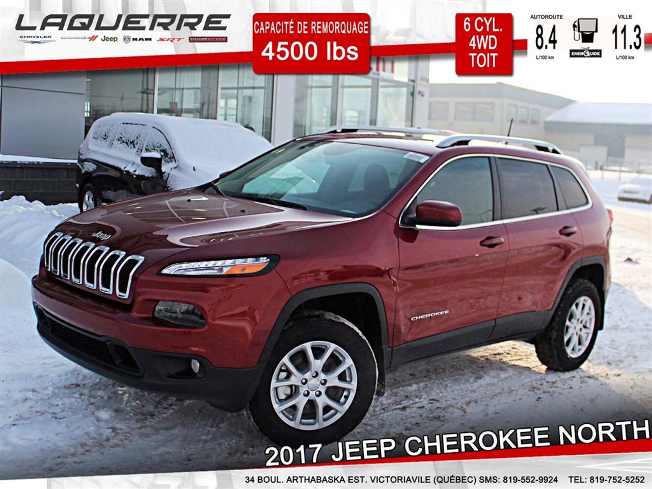 <a href=https://www.laquerrechrysler.com/occasion/Jeep-Cherokee-2017.html>https://www.laquerrechrysler.com/occasion/Jeep-Cherokee-2017.html</a>

Moteur V6 Pentastar - 4X4 -Transmission 9 vitesses (Active drive II) - Ratio de différentiel 3.51-Ens éclair 27J North - Ens.Temps Froid: Tapis protecteurs toutes saisons, pommeau de levier et volant gainé de cuir, rétroviseurs extérieurs ,sièges avants et volant chauffants, dégivreur essuie-glace avant -Ens confort et commodités: Entrée/sortie et démarrage sans clé, siège conducteur à réglages électriques avec support lombaire, hayon à commande électriques, alarme de sécurité, démarreur à distance, climatisation bizone à commande automatique et rétroviseur intérieur à atténuation automatique avec micro - Ens attelage remorque - Toit ouvrant panoramique - Uconnect 8.4 po avec radio satellite (1 an) - Bluetooth - Phares antibrouillards - Caméra de recul - Accessoires non-inclus: Barrures de roues, garde-boues avant/arrière. Prix incluant ces accessoires : 34 373$        Prix avec Financement !!! - À 40 minutes de Trois-Rivières, 1h15 de Montréal et 1h15 de Québec -    Nous achetons toutes marques de véhicule au meilleur prix garanti!!! ! Venez en concession afin de profiter dune évaluation gratuite!  Prenez rendez-vous avec pour faire lessai routier pendant que le véhicule est toujours disponible !  Plus de 50 véhicules doccasion en inventaire !  Nous offrons un financement 1ère 2ème et 3ème chance au crédit !  Optez pour un service unique où la transparence est notre priorité!