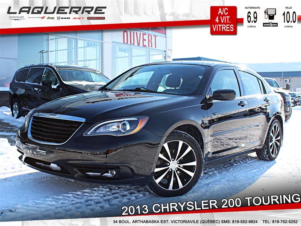 <a href=https://www.laquerrechrysler.com/occasion/Chrysler-200-2013.html>https://www.laquerrechrysler.com/occasion/Chrysler-200-2013.html</a>

PNBV: 2087KG - Moteur V6 Pentastar 3.6L - 4X2 - Trans. automatique 4 vitesses - Régulateur de vitesse - Essuie-glaces automatiques - Freins ABS - Phares antibrouillards - Verrous de roue antivol - Lecteur CD - Lecteur MP3 - Démarreur à distance - Déverrouillage à distance - Vitres électriques - Siège conducteur électrique - Sherlock - Bluetooth - Miroirs chauffants - Volant et levier de vitesse en Cuir - Air climatisé - Console à lavant - Intérieur en tissus - Siège arrière rabattable - Sièges chauffants - Volant chauffant.    Prix avec Financement !!! - À 40 minutes de Trois-Rivières, 1h15 de Montréal et 1h15 de Québec -    Nous achetons toutes marques de véhicule au meilleur prix garanti!!! ! Venez en concession afin de profiter dune évaluation gratuite!  Prenez rendez-vous avec pour faire lessai routier pendant que le véhicule est toujours disponible !  Plus de 50 véhicules doccasion en inventaire !  Nous offrons un financement 1ère 2ème et 3ème chance au crédit !  Optez pour un service unique où la transparence est notre priorité!