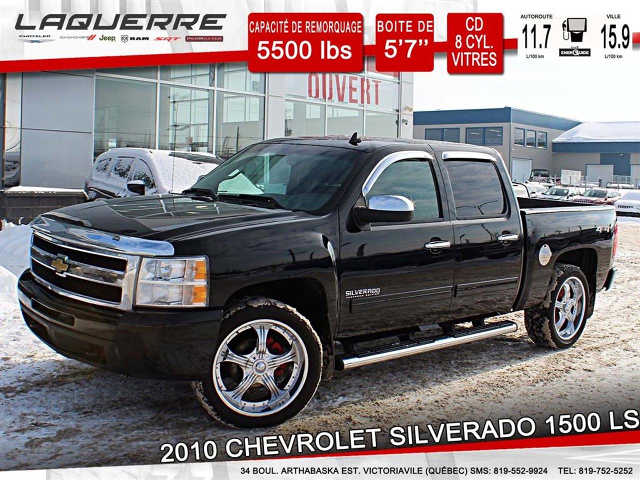 <a href=https://www.laquerrechrysler.com/occasion/Chevrolet-Silverado_1500-2010.html>https://www.laquerrechrysler.com/occasion/Chevrolet-Silverado_1500-2010.html</a>

PNBV: 3175 KG - Moteur V8 4.8L - 4X4 - Trans. automatique 4 vitesses - Mags 22 po - Vitres teintées - Démarreur à distance - Groupe électrique - Miroirs électriques - Phares automatiques - Bluetooth - Régulateur de vitesse - Antipatinage - Bouton poussoir au démarrage - Air Climatisé - Radio AM/FM - Lecteur CD - Prise AUX - Prises 12v.    Prix avec Financement !!! - À 40 minutes de Trois-Rivières, 1h15 de Montréal et 1h15 de Québec -    Nous achetons toutes marques de véhicule au meilleur prix garanti!!! ! Venez en concession afin de profiter dune évaluation gratuite!  Prenez rendez-vous avec pour faire lessai routier pendant que le véhicule est toujours disponible !  Plus de 50 véhicules doccasion en inventaire !  Nous offrons un financement 1ère 2ème et 3ème chance au crédit !  Optez pour un service unique où la transparence est notre priorité!