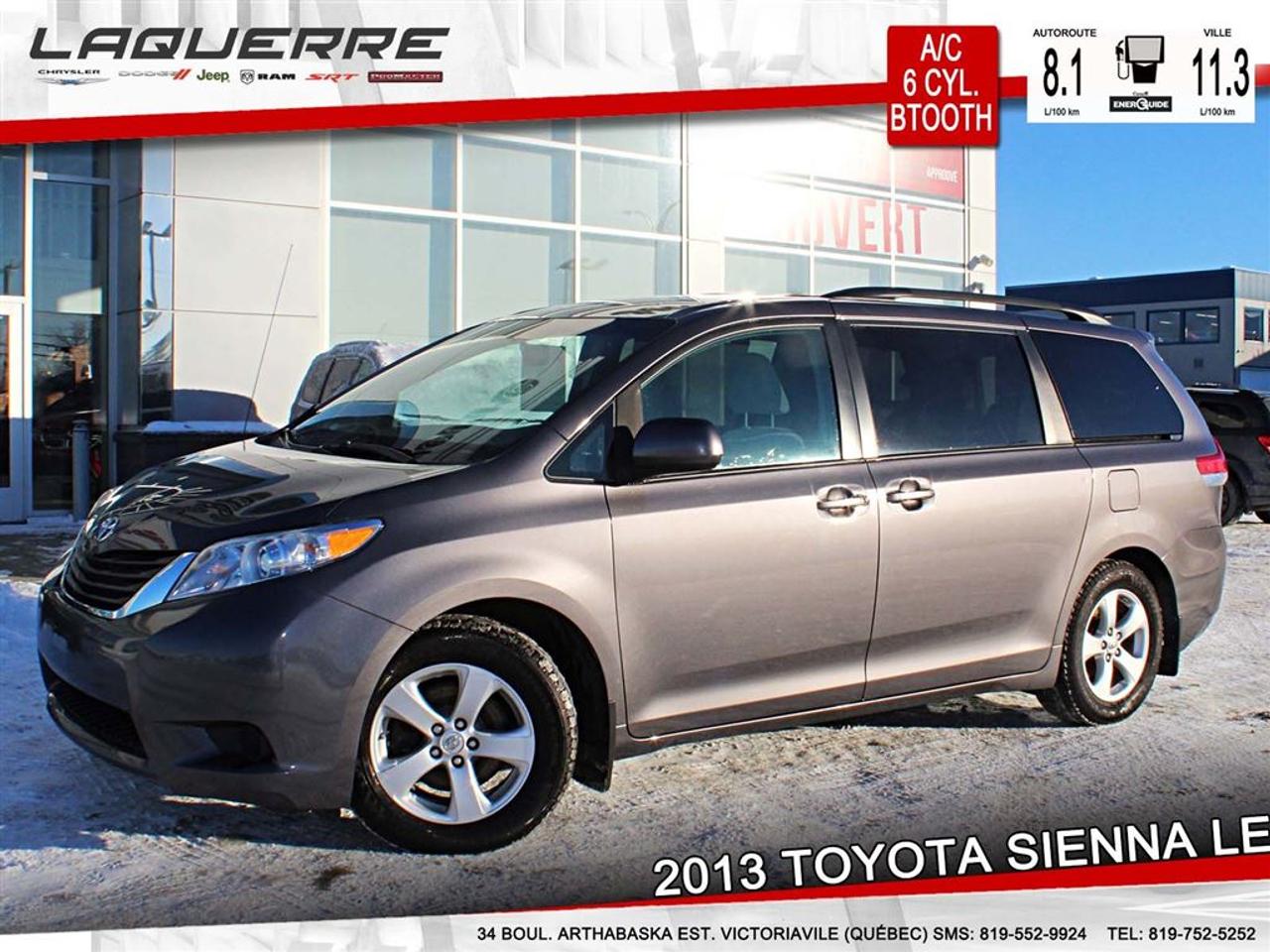 <a href=https://www.laquerrechrysler.com/occasion/Toyota-Sienna-2013.html>https://www.laquerrechrysler.com/occasion/Toyota-Sienna-2013.html</a>

PNBV: 2715 KG - Mags - Vitres teintées - Prix avec Financement !!! - À 40 minutes de Trois-Rivières, 1h15 de Montréal et 1h15 de Québec - Groupe électrique - Miroirs électriques/chauffants - Portes électriques - Régulateur de vitesse - Bluetooth - A/C - Climatisation trizone - Lecteur CD - Radio AM/FM - Prix avec Financement !!! - À 40 minutes de Trois-Rivières, 1h15 de Montréal et 1h15 de Québec -    Nous achetons toutes marques de véhicule au meilleur prix garanti!!! ! Venez en concession afin de profiter dune évaluation gratuite!  Prenez rendez-vous avec pour faire lessai routier pendant que le véhicule est toujours disponible !  Plus de 50 véhicules doccasion en inventaire !  Nous offrons un financement 1ère 2ème et 3ème chance au crédit !  Optez pour un service unique où la transparence est notre priorité!