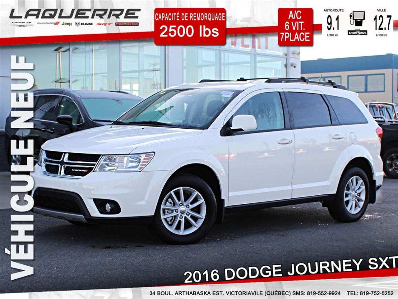 <a href=https://www.laquerrechrysler.com/occasion/Dodge-Journey-2016.html>https://www.laquerrechrysler.com/occasion/Dodge-Journey-2016.html</a>

PNBV: 2473 KG - Moteur V6 Pentastar 3.6L - Trans. automatique 6 vitesses - Groupe électrique - Miroirs électriques/chauffants - Phares automatiques - Phares antibrouillards - Bluetooth - Régulateur de vitesse - Entrée/Sortie et démarrage sans clé - Air Climatisé trizone - Antipatinage - Rétroviseur intérieur à atténuation automatique - Prises 12v/115v - Longerons de toit - Volant chauffant - Démarreur à distance - Essuie-glace automatique - Rangement/glacière à larrière - Configuration 7 places.    PRIX avec Financement!!! À 40 minutes de Trois-Rivières, 1h15 de Montréal et 1h15 de Québec -     Nous reprenons votre véhicule déchange au meilleur prix ! Venez en concession afin de profiter dune évaluation gratuite!  Nous offrons un financement 1ère 2ème et 3ème chance au crédit !  Optez pour un service unique !