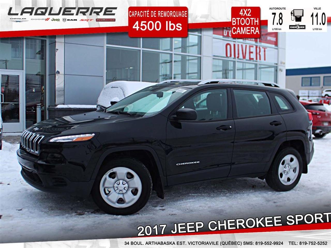 <a href=https://www.laquerrechrysler.com/occasion/Jeep-Cherokee-2017.html>https://www.laquerrechrysler.com/occasion/Jeep-Cherokee-2017.html</a>

Moteur V6 Pentastar - 4X2 -Transmission 9 vitesses - Ratio de différentiel 3.25 - Ens éclair 26A Sport - Ens.Temps Froid: Tapis protecteurs toutes saisons, pommeau de levier et volant gainé de cuir, rétroviseurs extérieurs ,sièges avants et volant chauffants, dégivreur essuie-glace avant, démarreur à distance. - Ens attelage remorque - Longerons de toit - Uconnect 5 po - Bluetooth - Caméra de recul - Accessoires non-inclus: Barrures de roues, garde-boues avant/arrière.  Prix incluant ces accessoires : 28 373$    Prix avec Financement !!! - À 40 minutes de Trois-Rivières, 1h15 de Montréal et 1h15 de Québec -    Nous achetons toutes marques de véhicule au meilleur prix garanti!!! ! Venez en concession afin de profiter dune évaluation gratuite!  Prenez rendez-vous avec pour faire lessai routier pendant que le véhicule est toujours disponible !  Plus de 50 véhicules doccasion en inventaire !  Nous offrons un financement 1ère 2ème et 3ème chance au crédit !  Optez pour un service unique où la transparence est notre priorité!