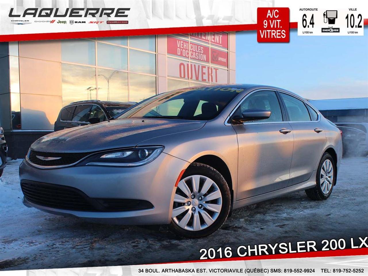 <a href=https://www.laquerrechrysler.com/occasion/Chrysler-200-2016.html>https://www.laquerrechrysler.com/occasion/Chrysler-200-2016.html</a>

Moteur I-4cyl. Tigershark 2.4L - Trans. Automatique 9 vitesses - Air Climatisé - Vitres électriques - Commandes Audio et Régulateur de vitesse au volant - Sièges baquets en tissu de qualité supérieure - Radio Uconnect 5 po (600$) - Roues et Pneus 17 po - Garde-boues Avant/Arrière (274$) - Barrures de roues (117$).    Prix avec Financement !!! - À 40 minutes de Trois-Rivières, 1h15 de Montréal et 1h15 de Québec -  Nous achetons toutes marques de véhicule au meilleur prix garanti!!! ! Venez en concession afin de profiter dune évaluation gratuite!  Prenez rendez-vous avec pour faire lessai routier pendant que le véhicule est toujours disponible !  Plus de 50 véhicules doccasion en inventaire !  Nous offrons un financement 1ère 2ème et 3ème chance au crédit !  Optez pour un service unique où la transparence est notre priorité!