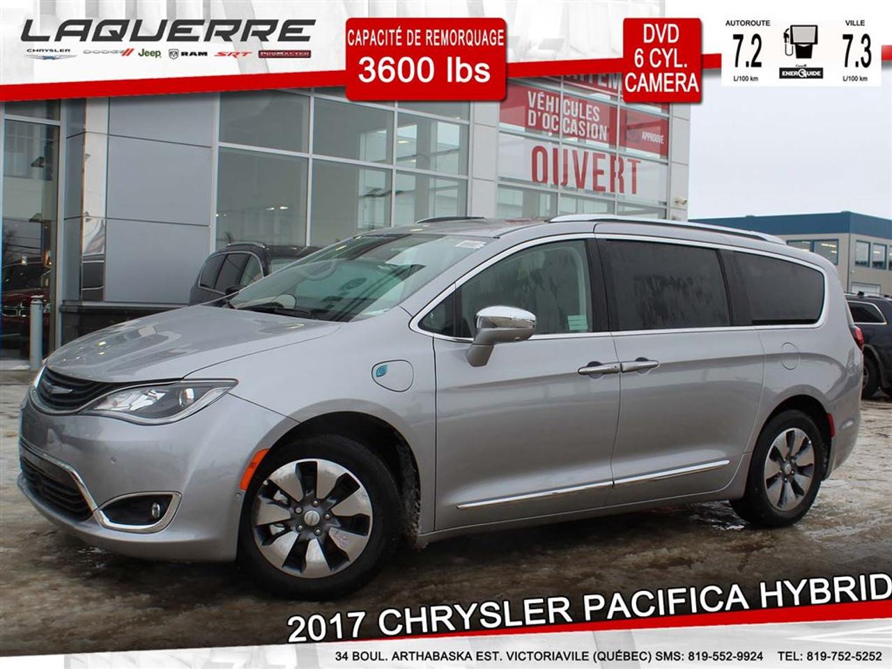 <a href=https://www.laquerrechrysler.com/occasion/Chrysler-Pacifica-2017.html>https://www.laquerrechrysler.com/occasion/Chrysler-Pacifica-2017.html</a>

Moteur Hybride V6 Pentastar ? Traction avant -Transmission électrique eFlyte à 6 vitesses - Ens éclair 2EC Platinum - Ens. Safetytec : Système daide au recul, rétroviseurs extérieurs clignotants, surveillance des angles morts. - Climatisation trizone ? Siège baquets en cuir (2e rangée) - Stow NGO (3e rangée) - Portes coulissantes et hayon électriques - Entrée/démarrage sans clé ? Phares automatiques - Porte-bagages Stow ?NPLACE ? Démarreur à distance et alarme de sécurité ? Sièges avant ventilés ? Sièges avant et rétroviseurs chauffants ? Toit ouvrant panoramique à 3 panneaux - Uconnect 8.4 po avec radio satellite (abonnement 1 an) - Ens. DVD - Phares antibrouillards -Caméra de recul - Accessoires non-inclus: Barrures de roues     Prix incluant ces accessoires : 52 393 $        Prix avec Financement !!! - À 40 minutes de Trois-Rivières, 1h15 de Montréal et 1h15 de Québec -    Nous achetons toutes marques de véhicule au meilleur prix garanti!!! ! Venez en concession afin de profiter dune évaluation gratuite!  Prenez rendez-vous avec pour faire lessai routier pendant que le véhicule est toujours disponible !  Plus de 50 véhicules doccasion en inventaire !  Nous offrons un financement 1ère 2ème et 3ème chance au crédit !  Optez pour un service unique où la transparence est notre priorité!
