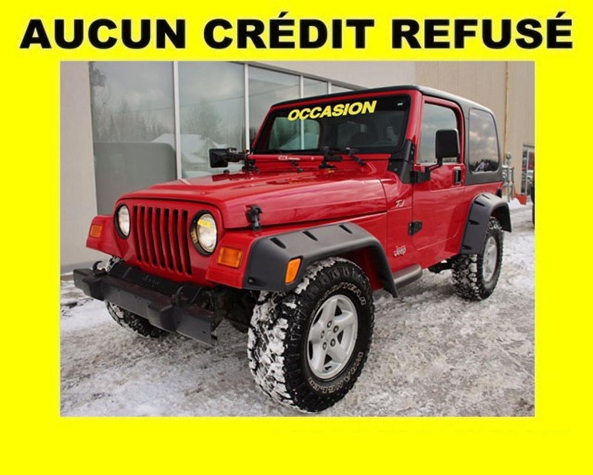 <a href=https://www.stjeromechrysler.com/occasion/Jeep-TJ-2002.html>https://www.stjeromechrysler.com/occasion/Jeep-TJ-2002.html</a>

**Rapport dhistorique CERTIFIÉ    **Véhicule disponible pour une DURÉE LIMITÉE    **Programme 100% approuvé et 0$ comptant UNIQUE (financement facile et rapide)    **APPROBATION en 10 minutes / 250 plans de financement disponibles  **Programme TRANQUILITÉ DESPRIT CERTIFIÉ et remise à neuf offert    **Prêt pour LIVRAISON IMMÉDIATE    **ON REPREND TOUT EN ÉCHANGE : Autos, camions, VTT, motos, motoneiges, bateaux, VR et plus    **Jusquà 35% DE PLUS que la valeur du marché pour votre échange    **LIVRAISON PARTOUT au Québec et au Canada    **Informez-vous! + de 500 AUTRES VÉHICULES et camions doccasion sur place. Plus de 6000 autres disponibles sur demande        **WE SPEAK ENGLISH TOO! SO DONT HESITATE TO CALL US OR TO COME SEE US        **Aluminium Mags  **Towing assembly    **And much more!        **Certified CarProof report    **Vehicle available for a LIMITED TIME    **EXCLUSIVE 100% approved credit and $0 cash down Program (easy financing)    **BE APPROVED in 10 minutes / 250 financing plans    **Ready for FAST DELIVERY    **WE TAKE ALL TRADE-INS: cars, trucks, ATVS, snowmobiles, motorcycles, boats, RV and more.    **Up to 35% MORE for your trade-in    **DELIVERY EVERYWHERE in Quebec and Canada    **Contact us! More than 500 OTHER CARS, SUV and trucks available.        Nos conseillers certifiés et professionnels sauront vous offrir une expérience dachat personnalisée et conviviale pour lachat de votre nouveau véhicule. Certains accessoires additionnels en sus. Bien que nous ayons pris toutes les mesures raisonnables pour nous assurer de la précision des renseignements fournis, nous ne sommes pas responsables de toute erreur ou omission. Veuillez contre-vérifier les renseignements auprès de lun de nos experts. Dans le cas où un véhicule publié contiendrait des renseignements inexacts à cause dune erreur typographique, photographique, sur le prix ou autre, le concessionnaire se réserve le droit de refuser ou dannuler toute demande. Contactez-nous aussi pour en savoir plus sur nos rabais additionnels en concession.        Our certified and professional consultants will offer you a personalized and user-friendly purchasing experience for your new vehicle. Although we have taken all reasonable steps to ensure the accuracy of the information provided, we are not responsible for any errors or omissions. Please check with one of our experts. In the event that a published vehicle contains inaccurate information due to a typographical, photographic, price or other error, the dealer reserves the right to refuse or cancel any request. Contact us to learn more about our additional dealer discounts