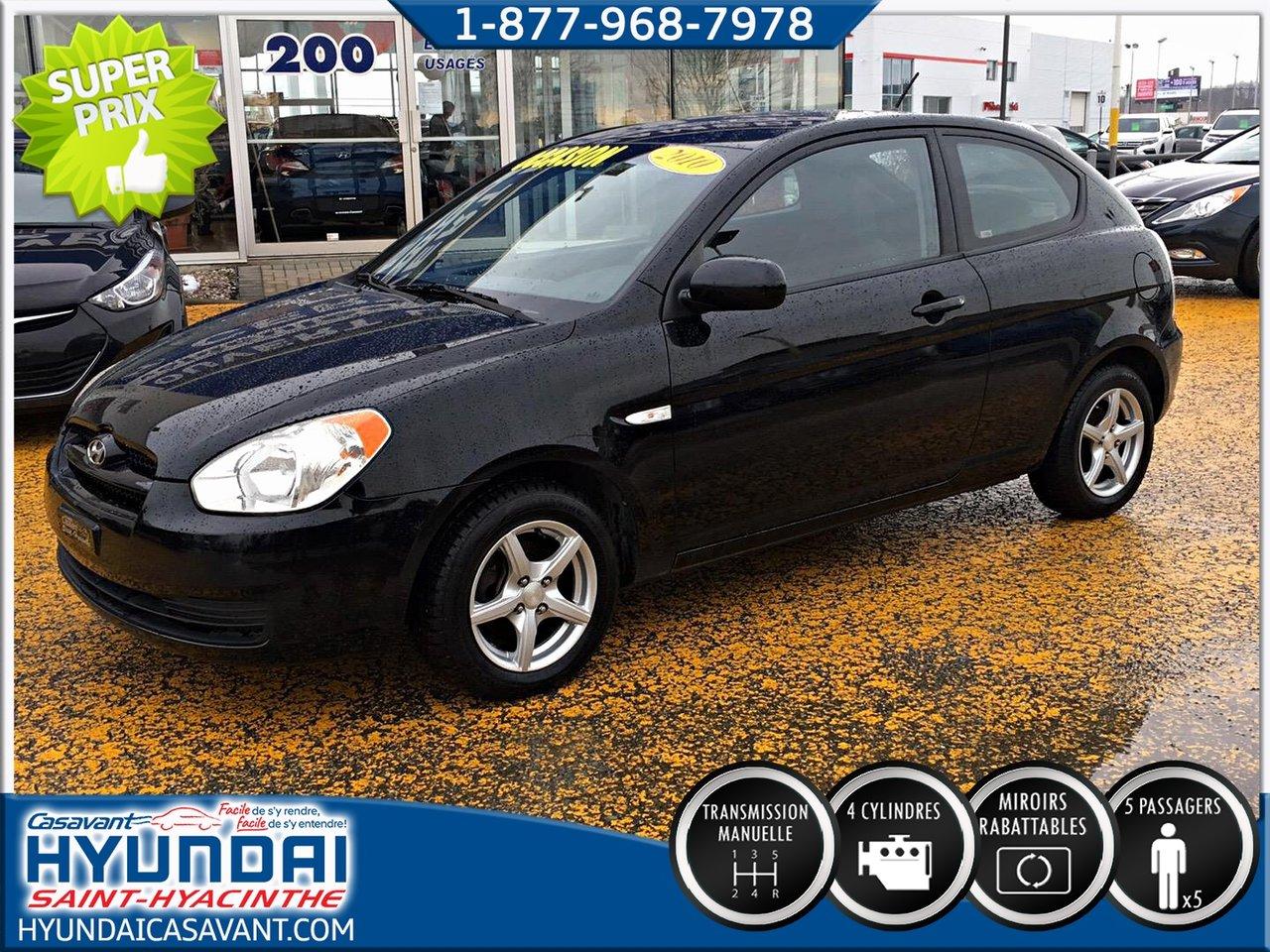 <a href=http://www.hyundaicasavant.com/occasion/Hyundai-Accent-2010.html>http://www.hyundaicasavant.com/occasion/Hyundai-Accent-2010.html</a>

Hyundai Accent ** v?hicule int?ressant pour le prix ** ** bas kilom?trage ** 2010Essuie-glaces intermittents, Coussin gonflable conducteur, Lecteur CD, Lecteur MP3, Tapis protecteurs, Direction assistée, Sièges tissu, Freins à disque, Sièges baquets, Prise Auxiliaire, Cache bagages