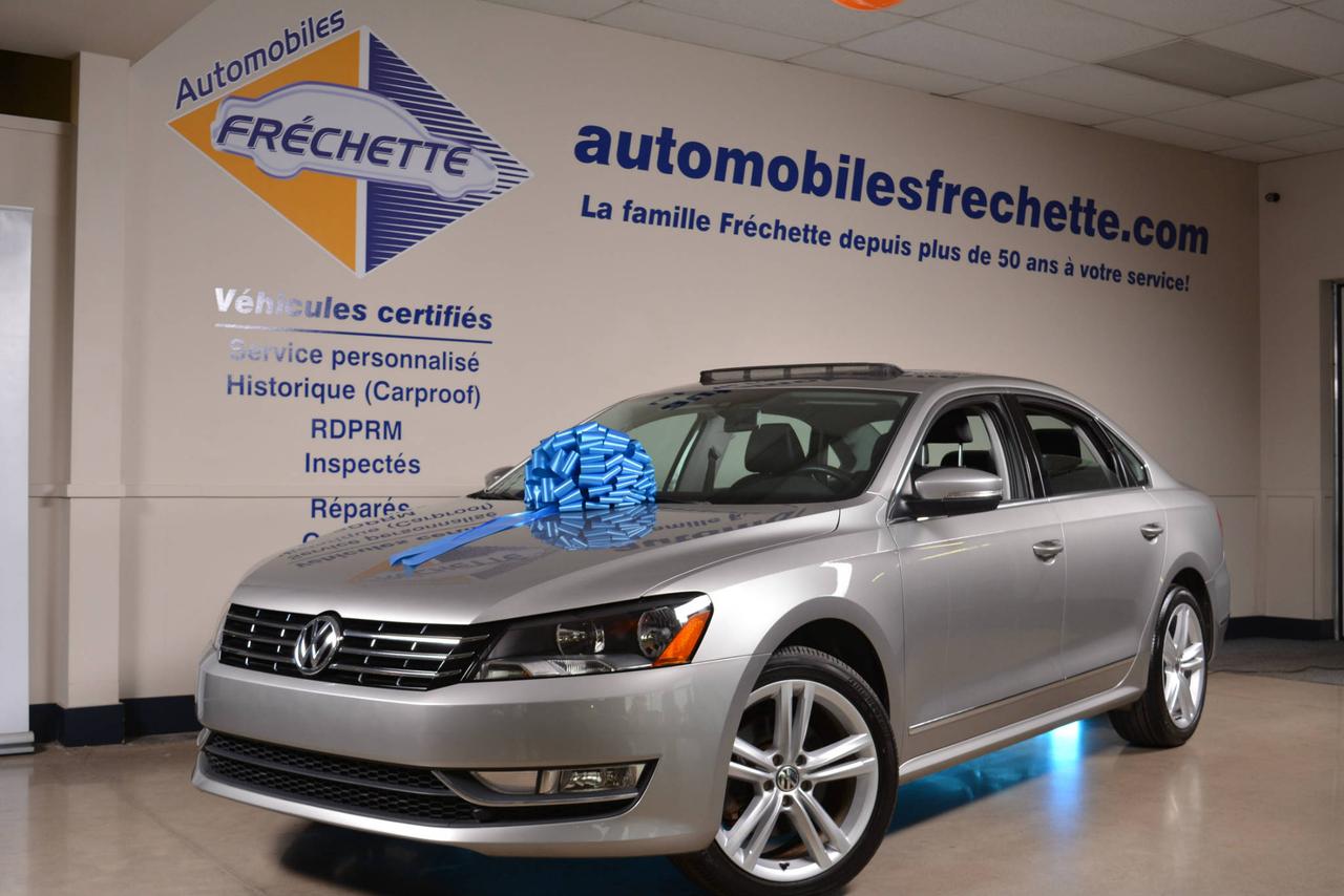 <a href=https://www.automobilesfrechette.com/occasion/Volkswagen-Passat-2014.html>https://www.automobilesfrechette.com/occasion/Volkswagen-Passat-2014.html</a>

* Inspection complète et esthétique inclus * Un seul propriétaire * CarProof : Aucun accident * Passat TDI Comfortline DSG * #Groupe sport# * Garantie Volkswagen janvier 2019 * Transmission automatique 6 vitesses #Tiptronic# * Mode sport * Palettes de changement de vitesse au volant * Moteur I4 2.0L TDI #turbo diesel# * Traction avant * Roues en alliage 18 #Bristol# * #Toit ouvrant# * Cuir noir * Sièges chauffants * Siège électrique conducteur * Rétroviseurs chauffants * Climatisation automatique 2 zones * Régulateur de vitesse * Phares automatiques * #Bluetooth# * Radio satellite #Sirius XM# * Lecteur CD * Prise auxiliaire * Financement disponible * Financement commercial disponible 

* www.automobilesfrechette.com 

* Nous expédions à travers le Canada 

* La famille Fréchette à votre service depuis 59 ans... Partez confiant, roulez longtemps!